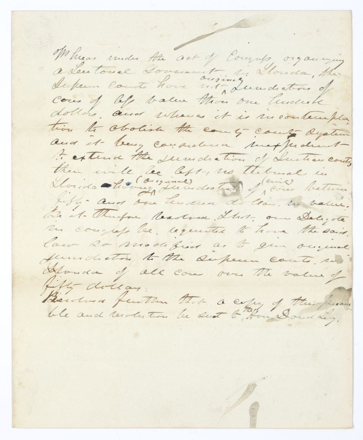 Resolution Directing the Florida Delegate in Congress to Procure an Amendment to a Law on the Jurisdiction of the Superior Courts, 1843