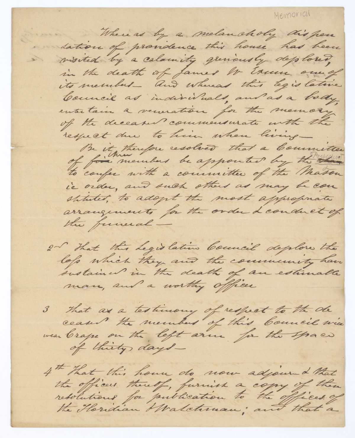 Resolution to Provide for the Funeral Arrangements of James W. Exum, 1838