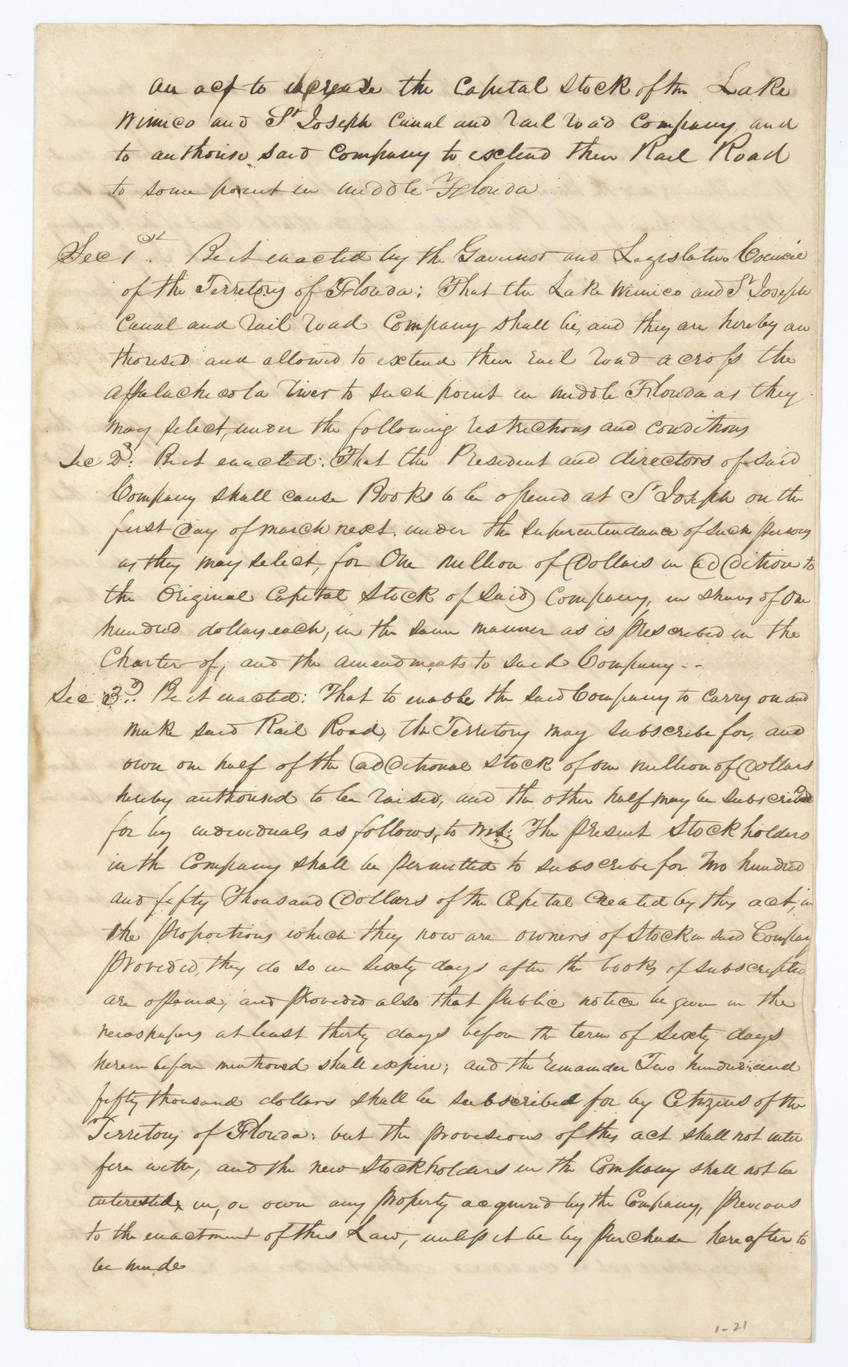 Draft of an Act to Increase the Capital Stock of the Lake Wimico and Saint Joseph Canal and Railroad Company, 1837