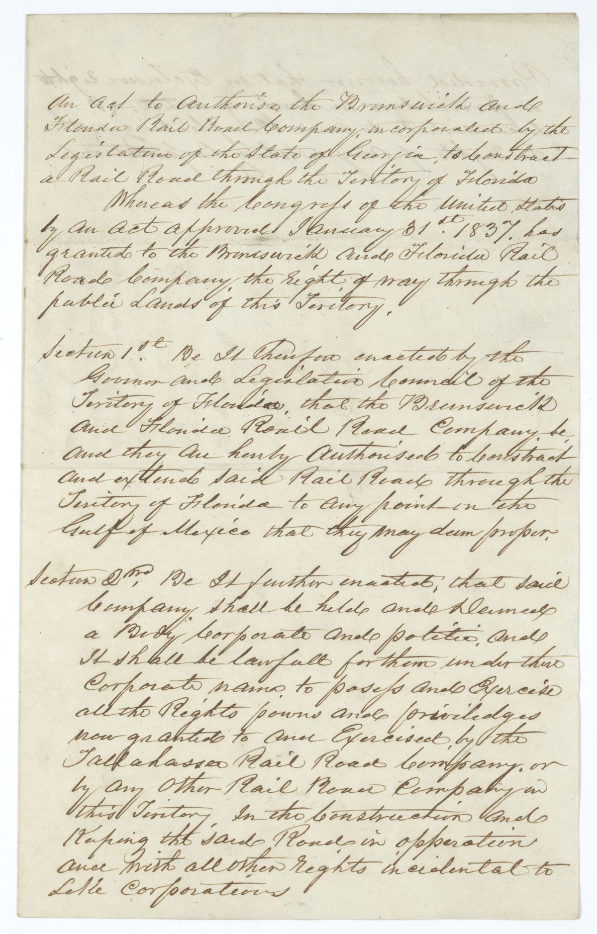 Draft of an Act to Authorize the Brunswick and Florida Railroad Company to Construct a Railroad Through the Territory of Florida, 1841