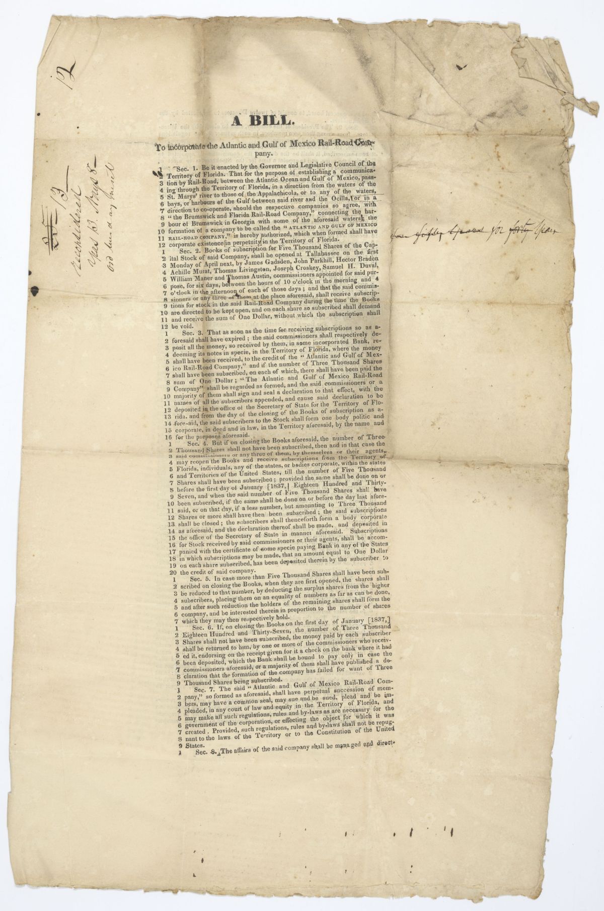 Draft of an Act to Incorporate the Atlantic and Gulf of Mexico Railroad Company, 1836