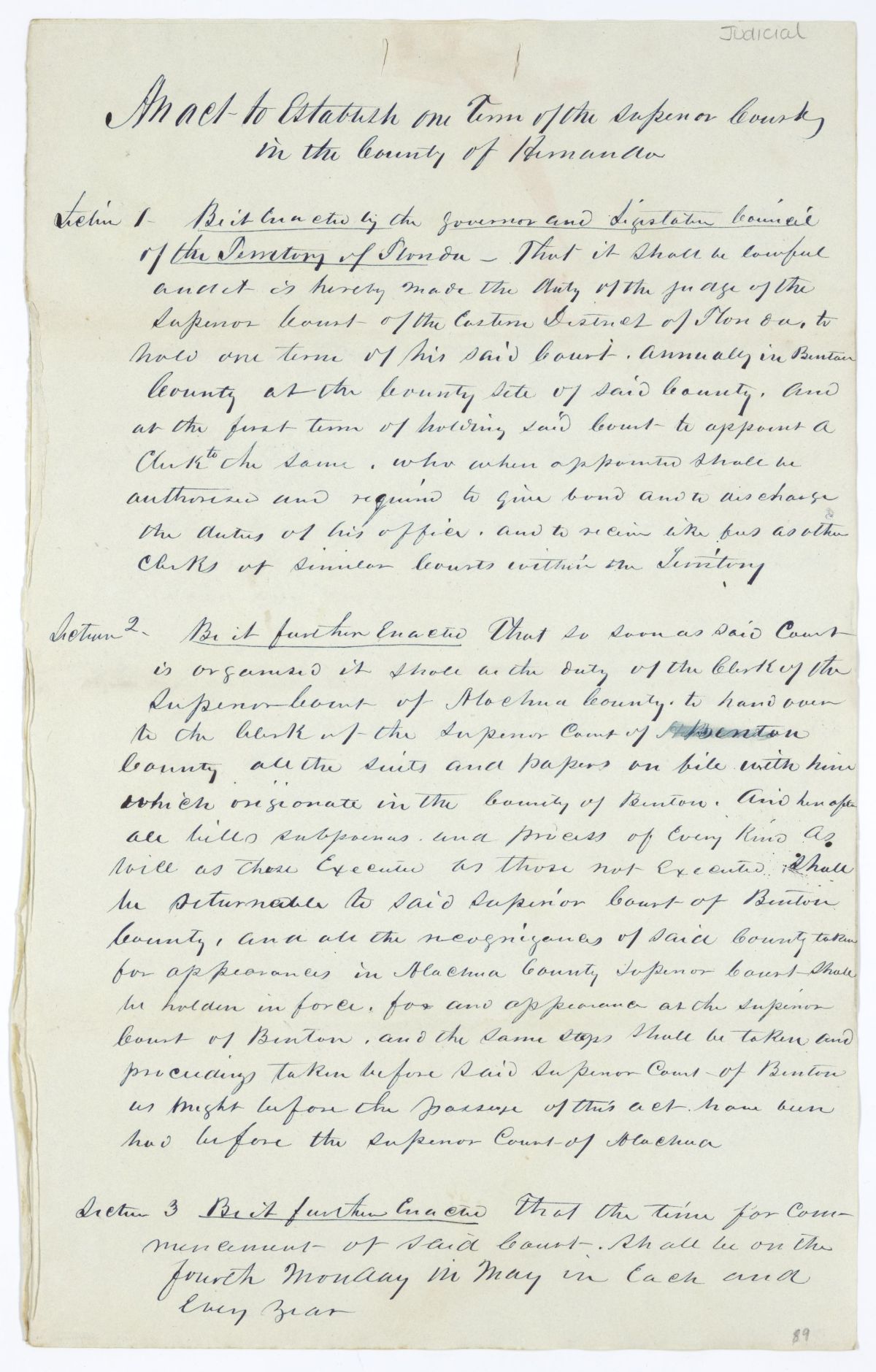 Draft of an Act to Establish One Term of the Superior Court in Hernando County, 1844