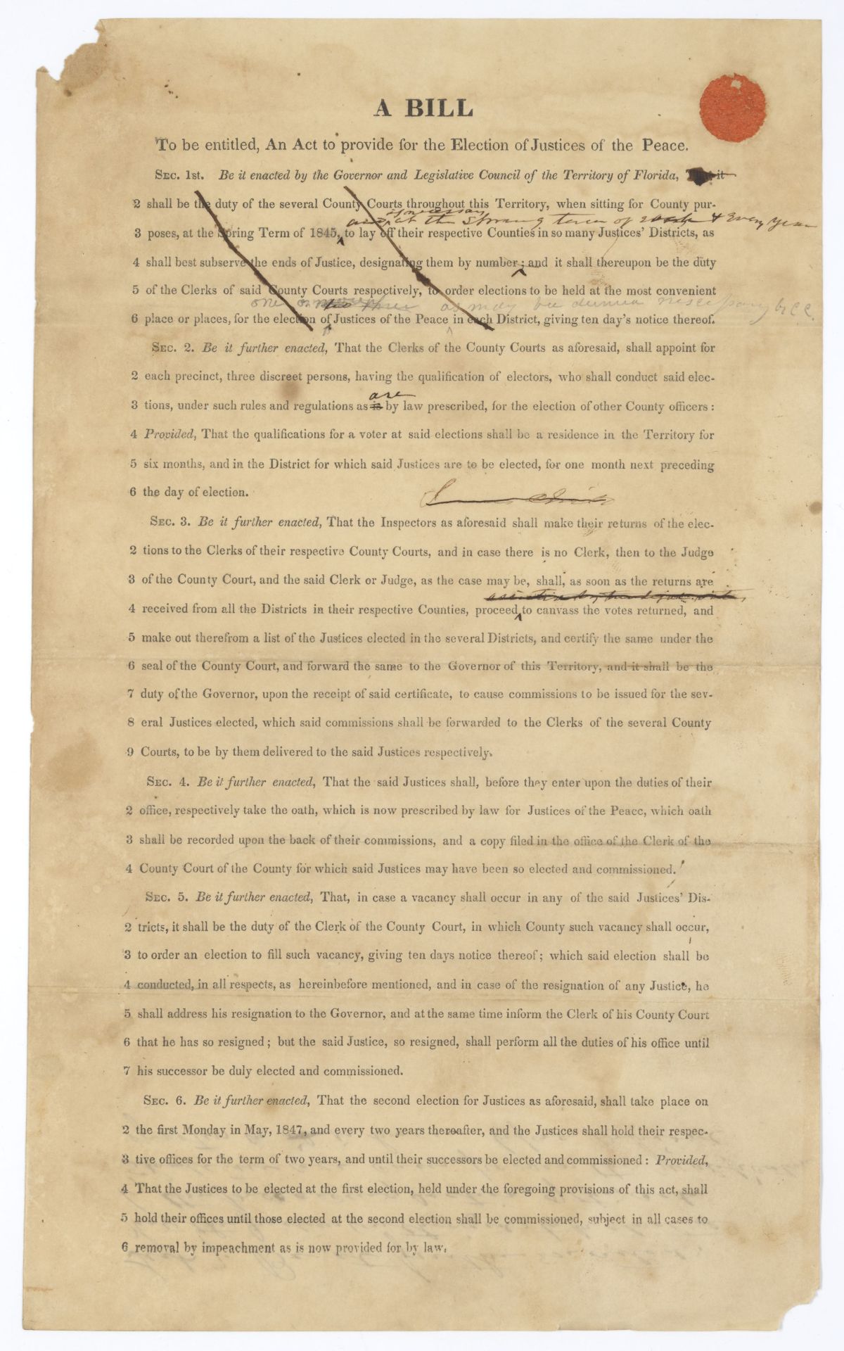 Draft of an Act to Provide for the Election of Justices of the Peace, 1845