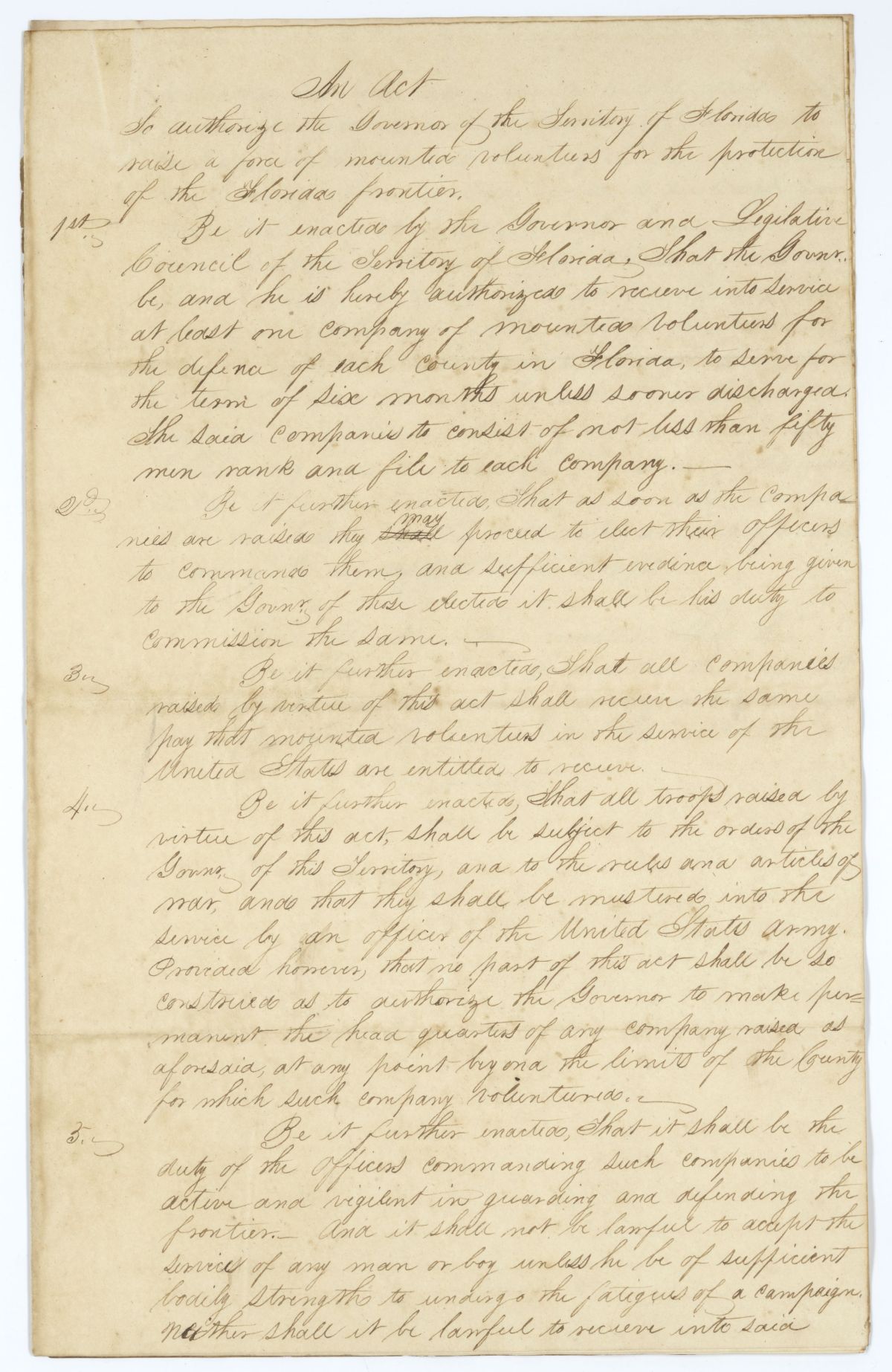 Two Drafts of an Act to Authorize the Governor to Raise a Force of Mounted Volunteers for the Protection of the Florida Frontier, 1839