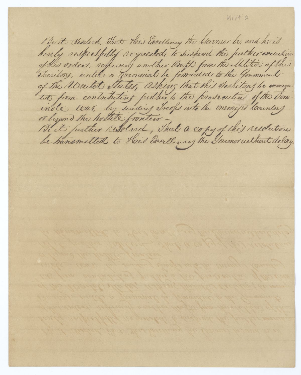 Resolution Requesting that the Governor Suspend Further Execution of an Order Requiring Another Draft, circa 1835