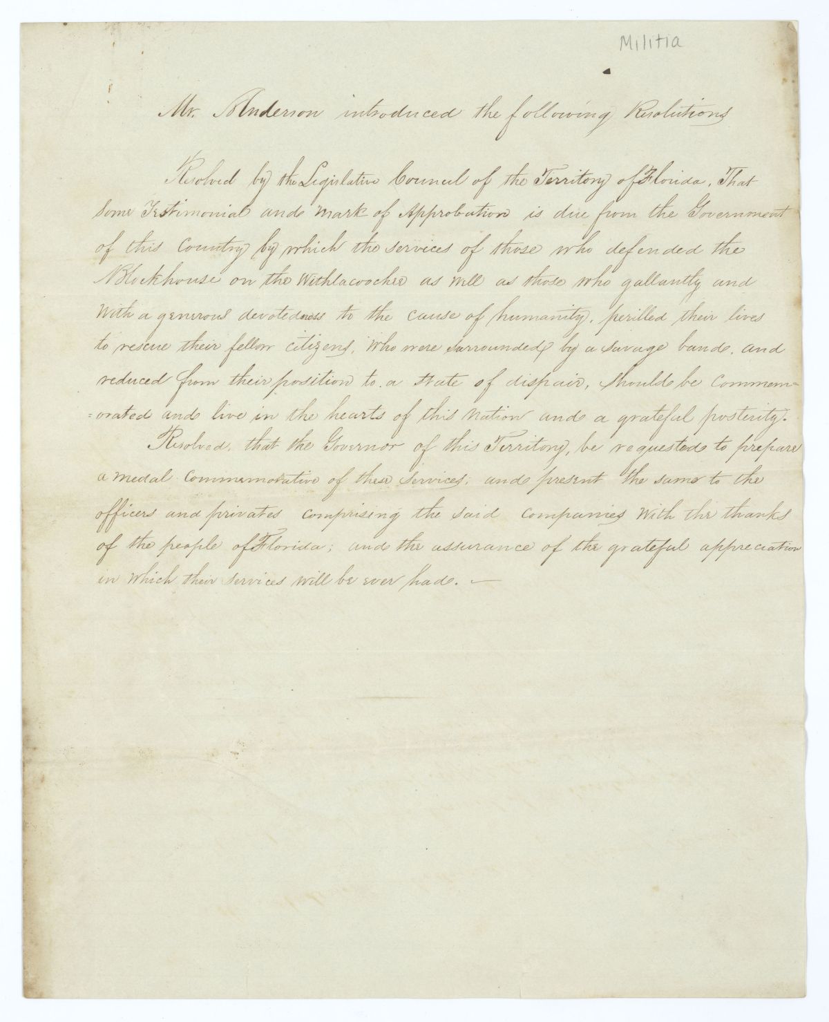 Two Resolutions Calling for Merits for the Soldiers Who Defended the Blockhouse on the Withlacoochee River, 1840