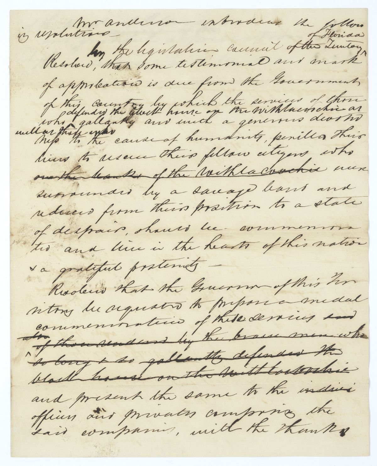 Two Resolutions Calling for Merits for the Soldiers Who Defended the Blockhouse on the Withlacoochee River, 1840