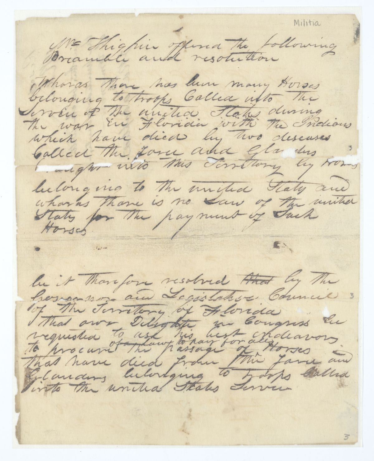 Resolution Directing the Florida Delegate in Congress to Procure a Law Compensating Soldiers for the Loss of Their Horses, 1840