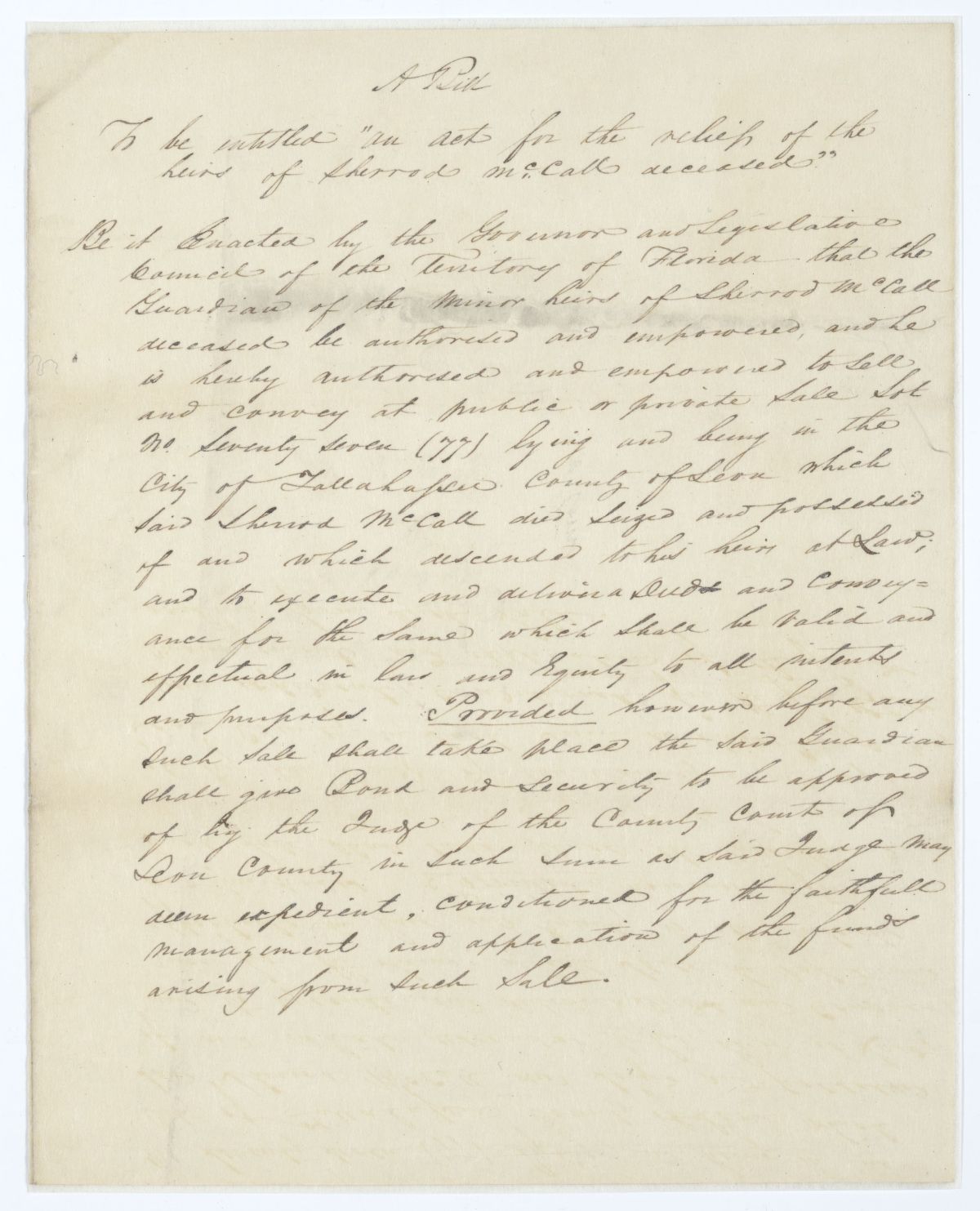 Draft of an Act for the Relief of the Heirs of Sherrod McCall, circa 1833