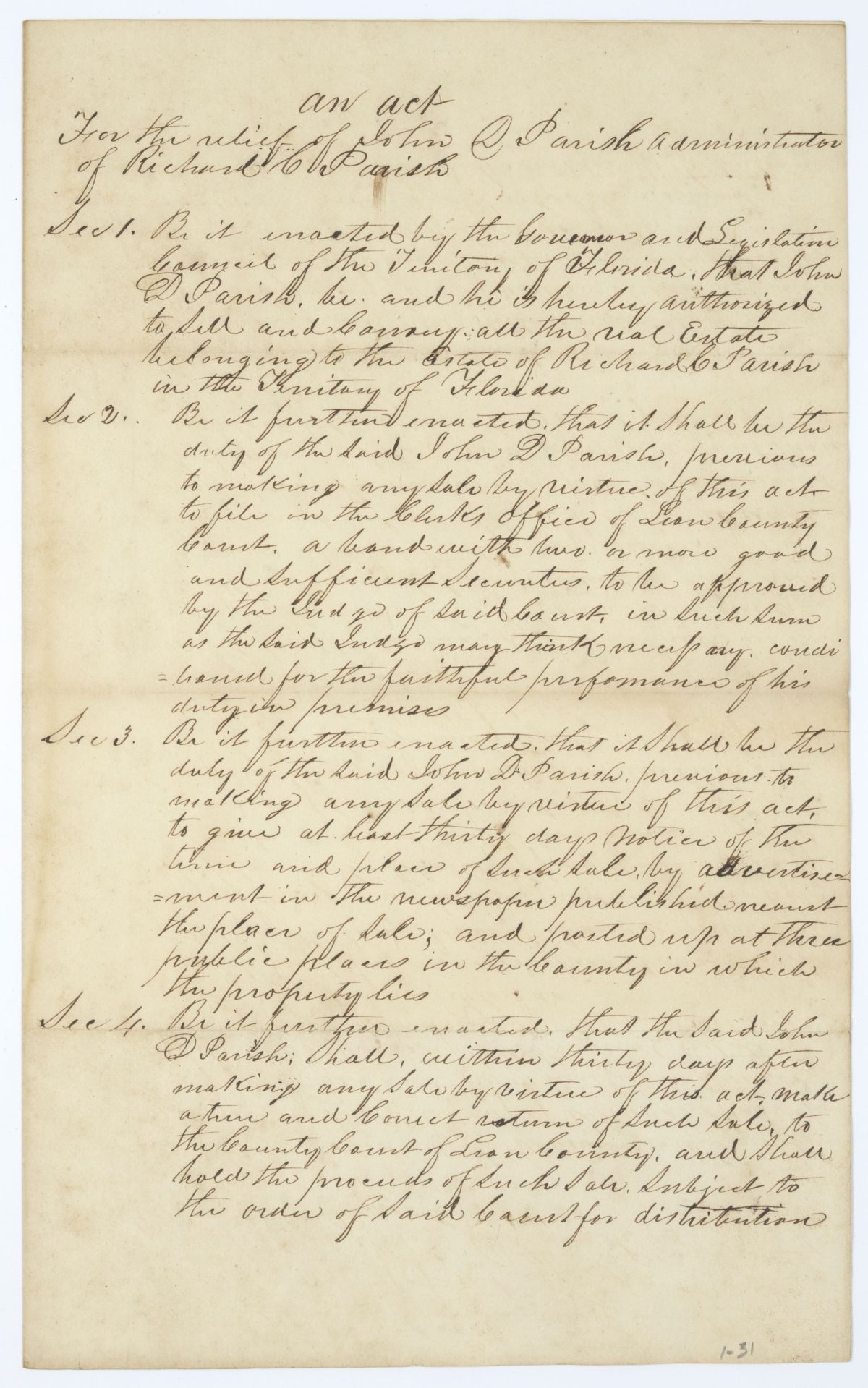 Draft of an Act for the Relief of John D. Parish, Administrator of Richard C. Parish, 1840