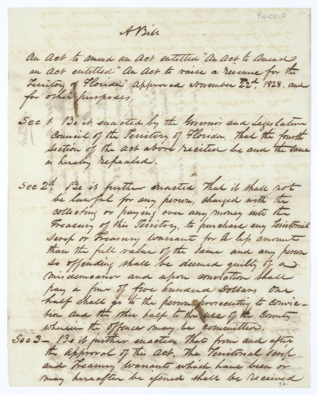 Draft of an Act to Amend an Act to Raise a Revenue for the Territory of Florida, 1844