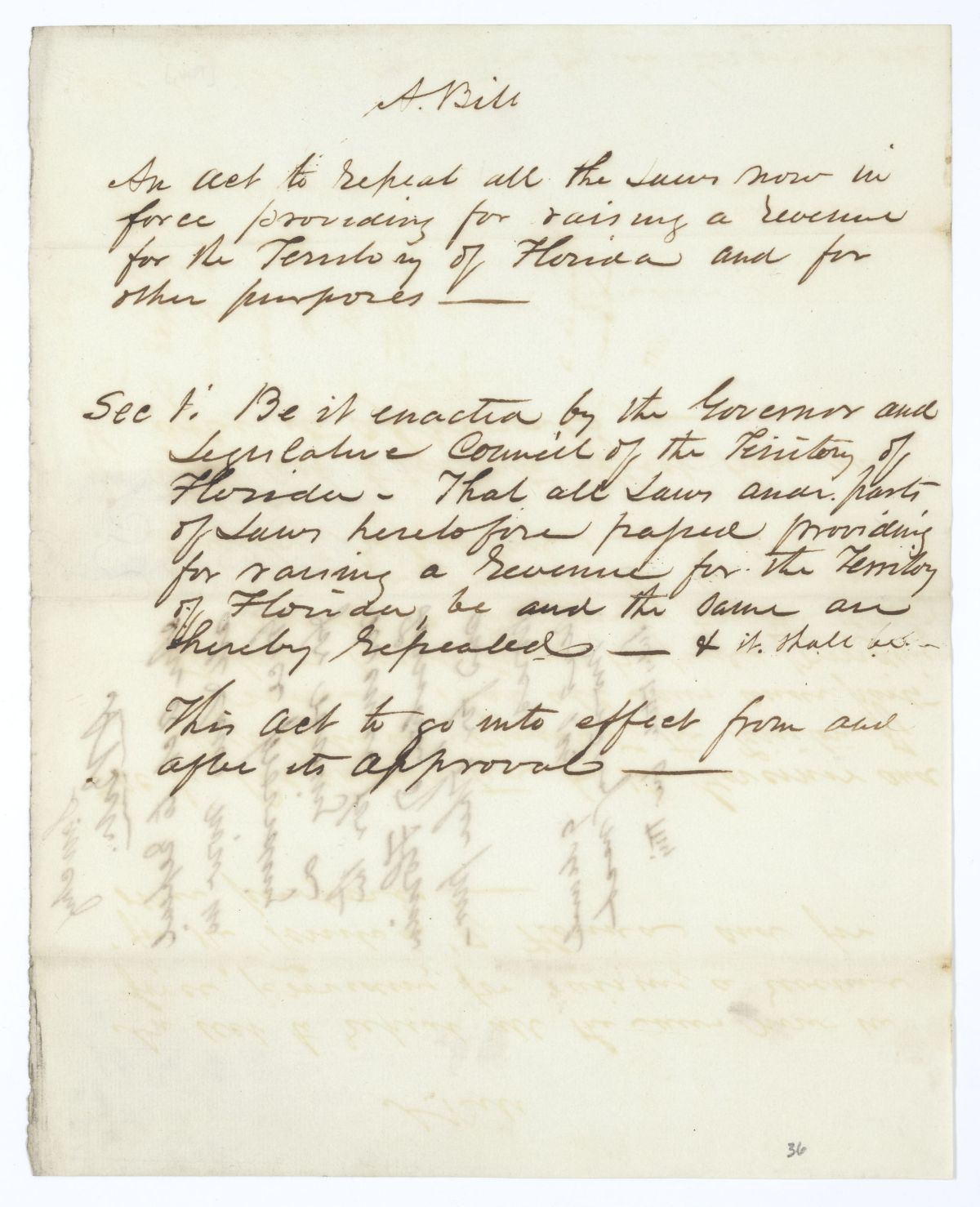 Draft of an Act to Repeal All Laws Now in Force Providing for Raising a Revenue for the Territory of Florida, 1844