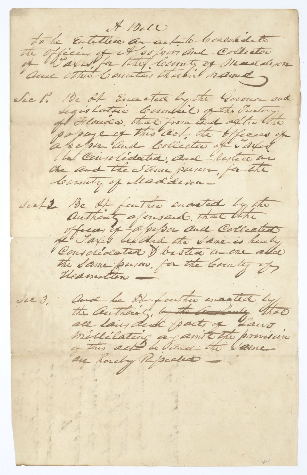 Draft of an Act to Consolidate the Offices of Assessor and Collector of Taxes for the County of Madison and Other Counties, circa 1835