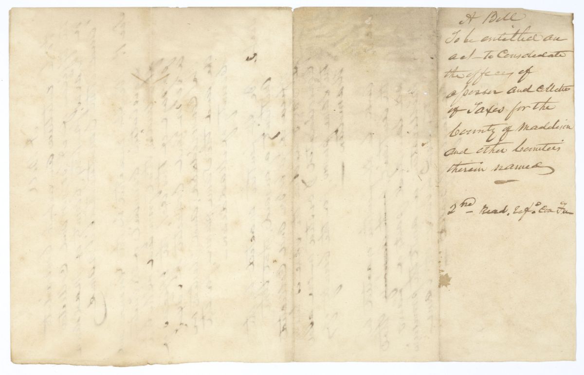 Draft of an Act to Consolidate the Offices of Assessor and Collector of Taxes for the County of Madison and Other Counties, circa 1835