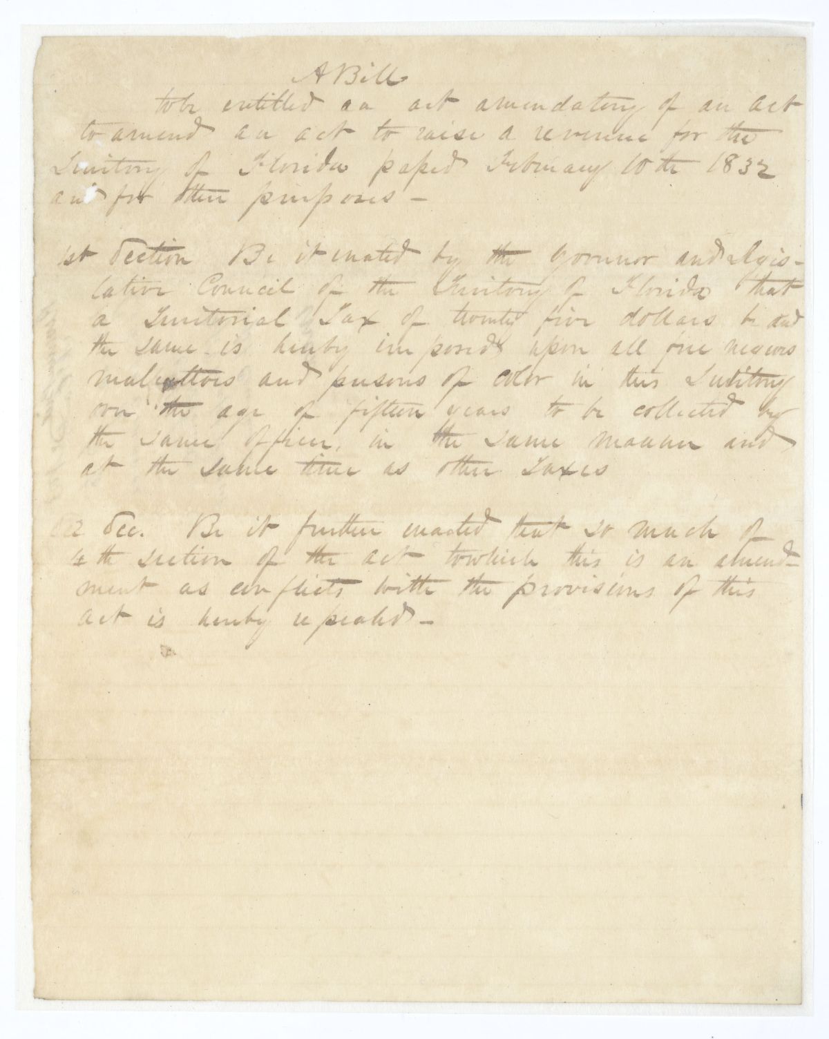 Draft of an Act Amendatory of an Act to Amend an Act to Raise a Revenue for the Territory of Florida, 1836