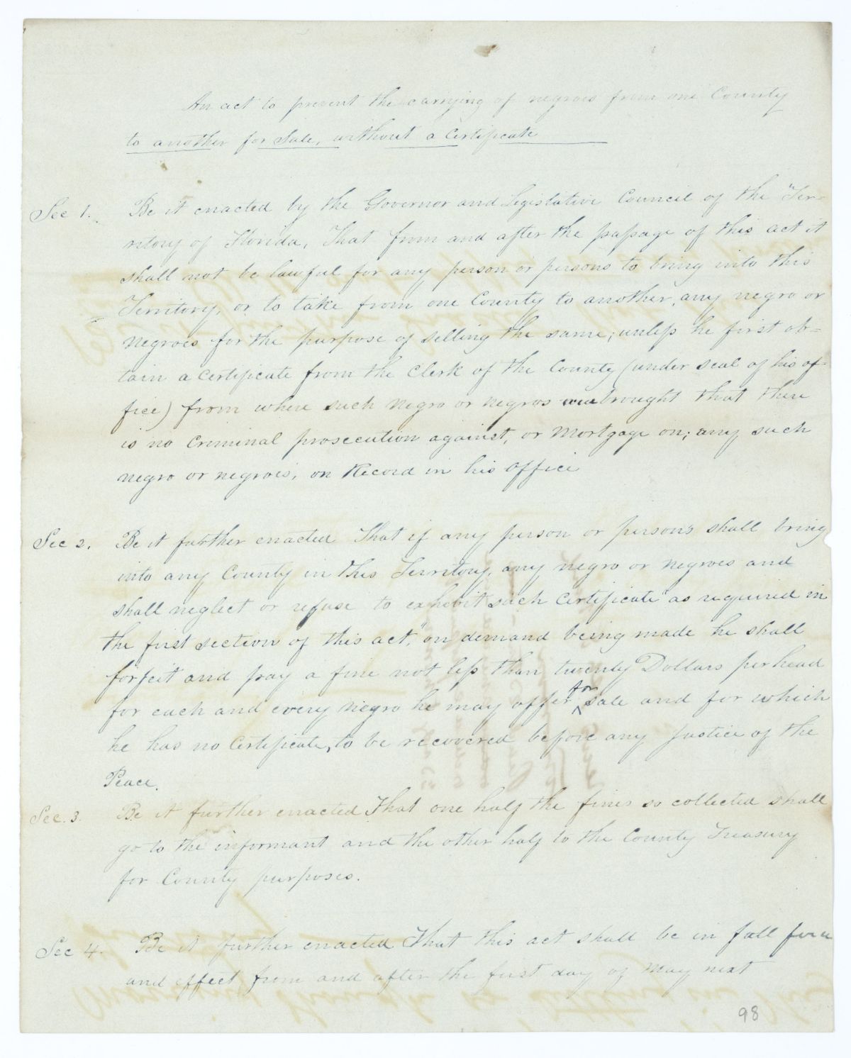 Draft of an Act to Prevent the Carrying of Enslaved Persons from One County to Another for Sale Without a Certificate, 1844