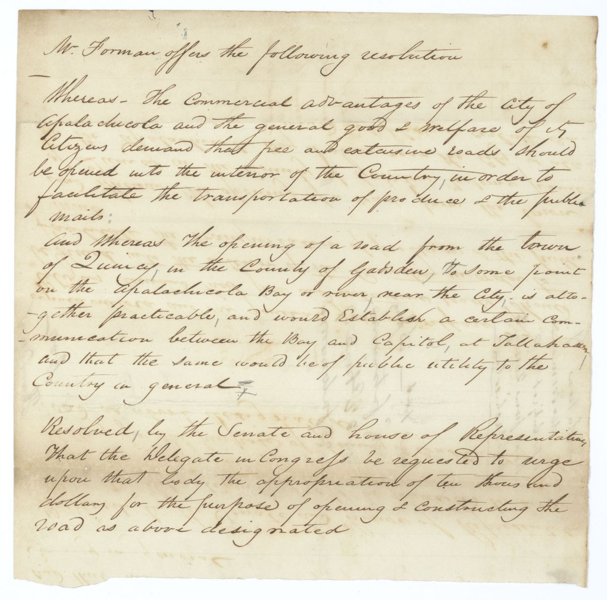 Resolution Directing the Florida Delegate in Congress to Procure an Appropriation for a Road Between Quincy and Apalachicola, 1843