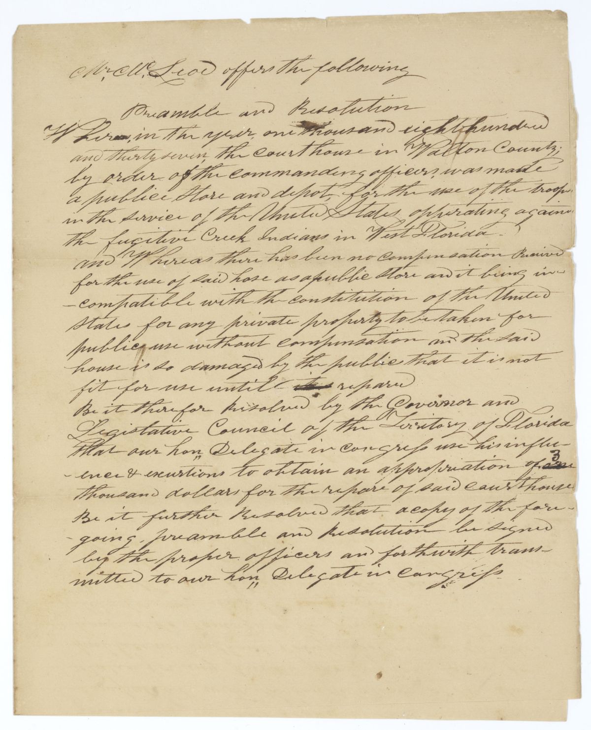 Resolution Directing the Florida Delegate in Congress to Procure an Appropriation for the Repair of the Walton County Courthouse, 1839