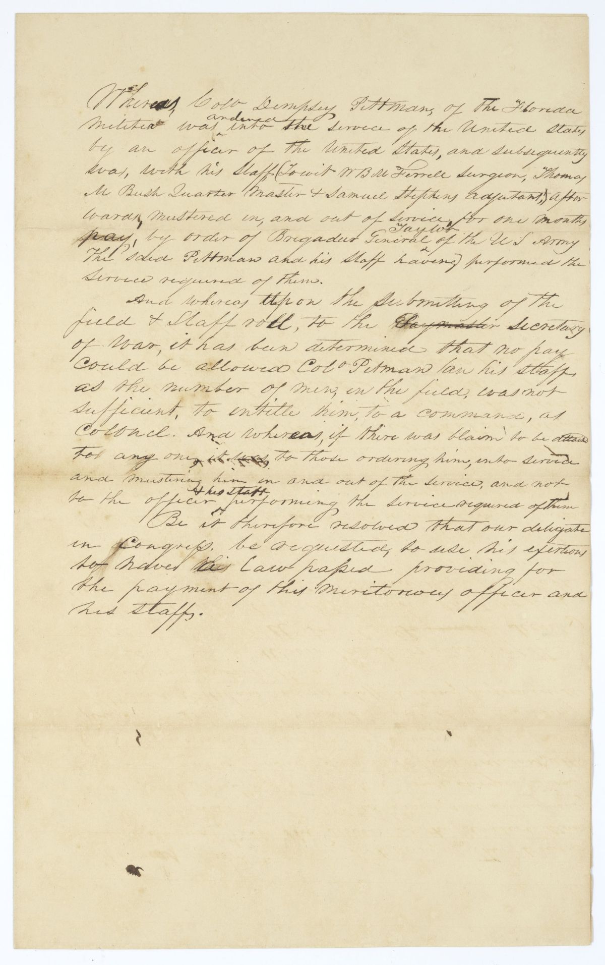 Resolution Directing the Florida Delegate in Congress to Procure the Passage of a Law to Pay Colonel Dempsey Pittman and His Staff, 1840