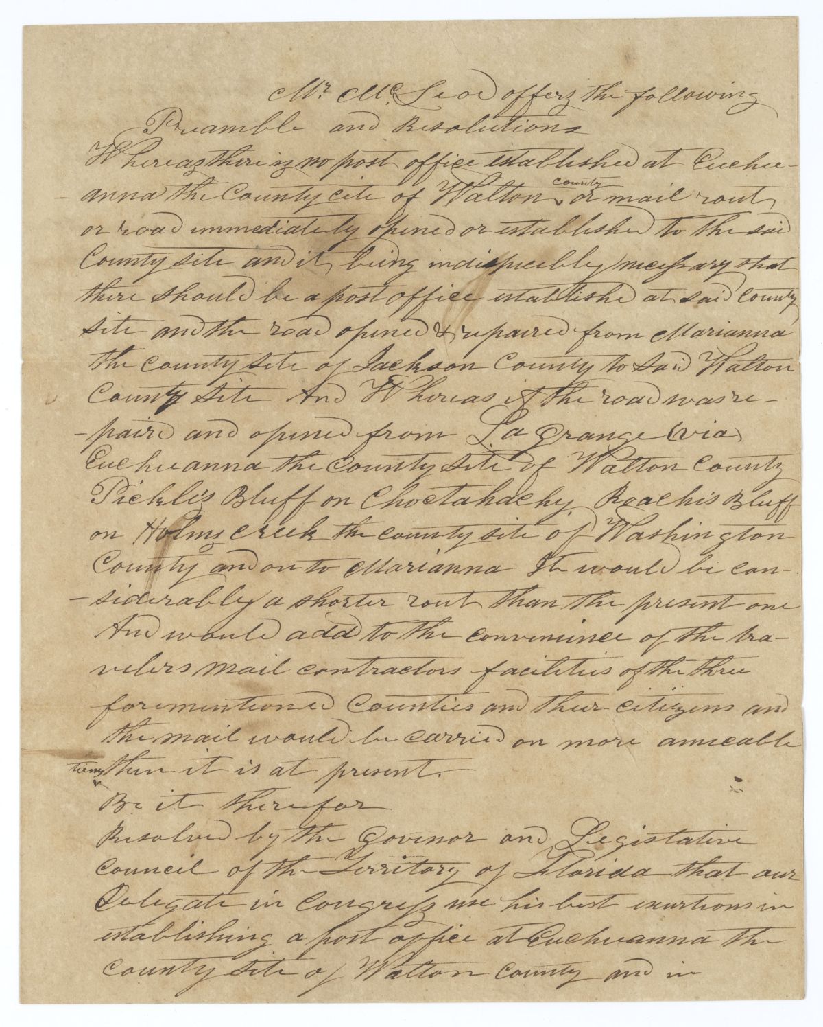 Resolution Directing the Florida Delegate in Congress to Lobby for the Establishment of a Post Office at Eucheeanna, 1839