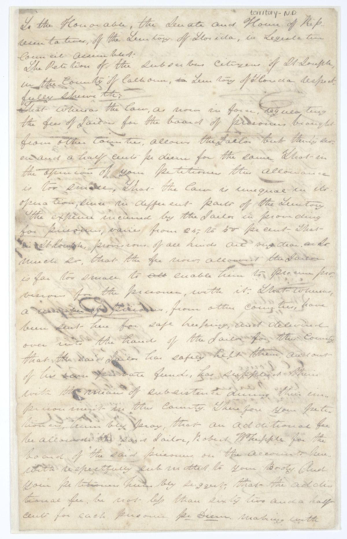 Petition of Citizens of Calhoun County Requesting Additional Per Diem Compensation for the County Jailer, 1840