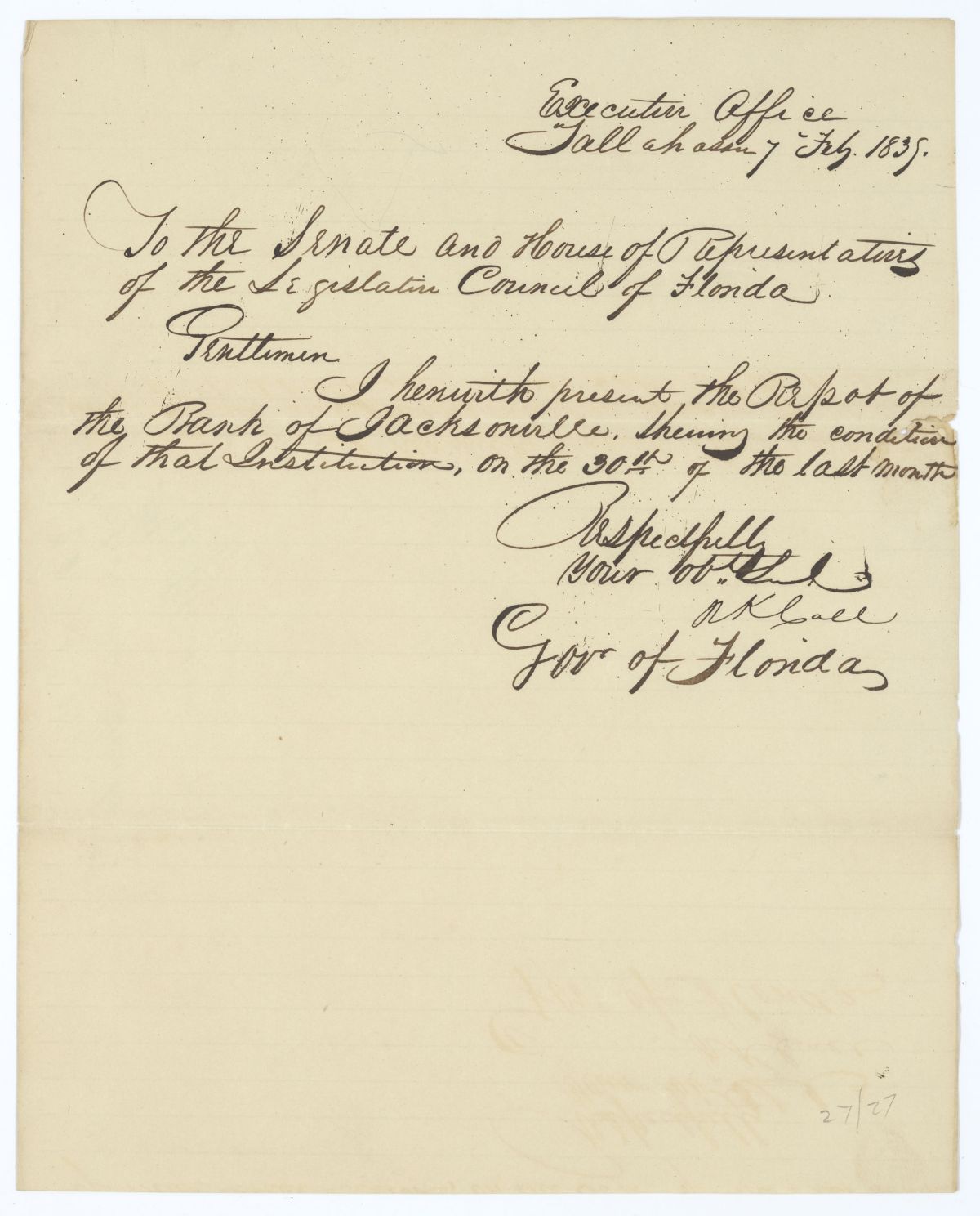 Letter from Governor Richard Keith Call to the Territorial Legislative Council Concerning the Bank of Jacksonville, 1839