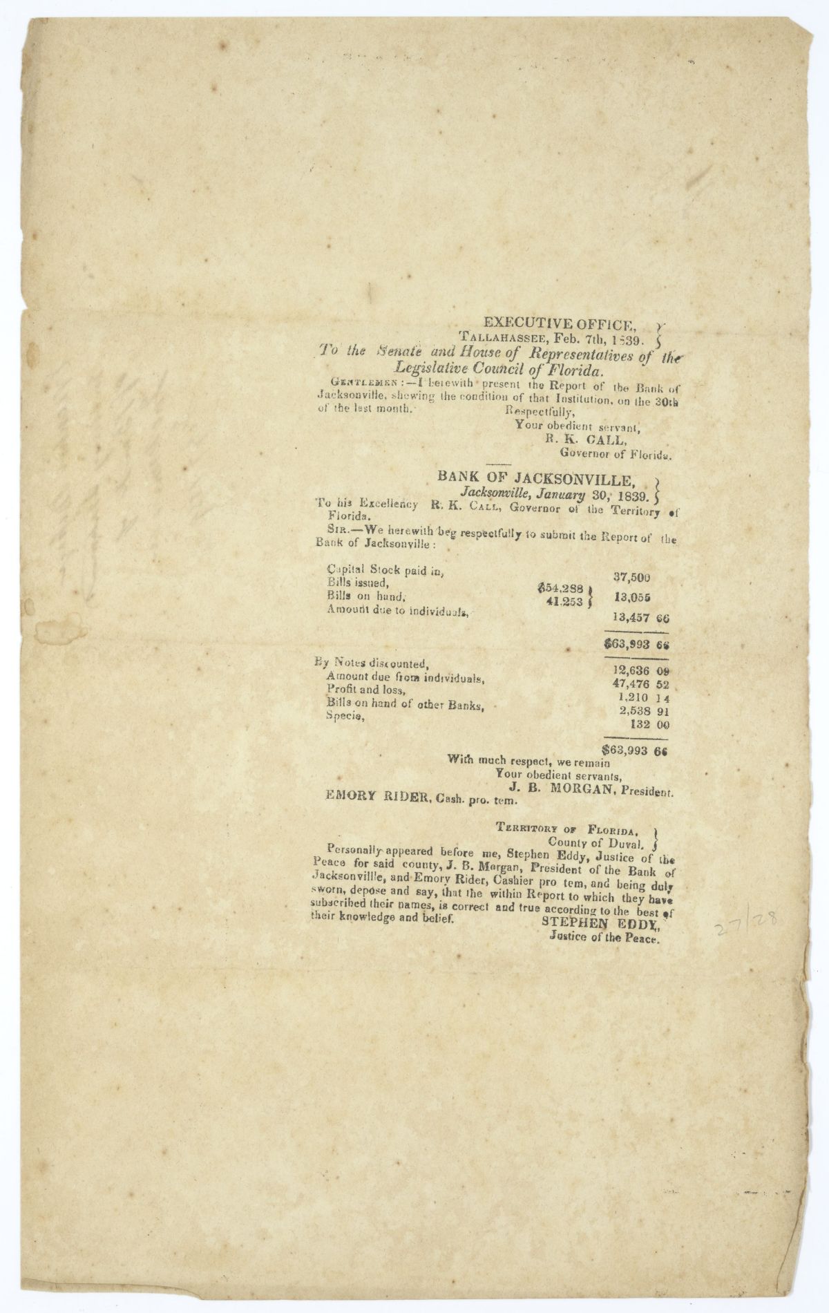 Message from Governor Richard Keith Call to the Territorial Legislative Council with a Report of the Bank of Jacksonville, 1839