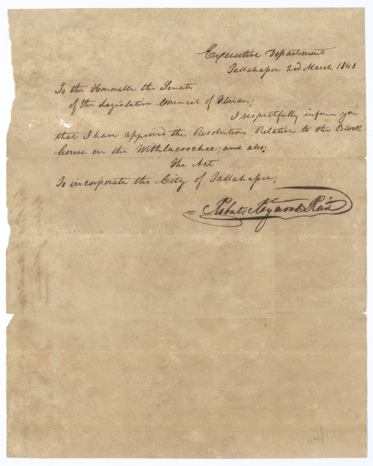 Letter from Governor Robert Reid to the Florida Senate Concerning Approved Legislation, 1840