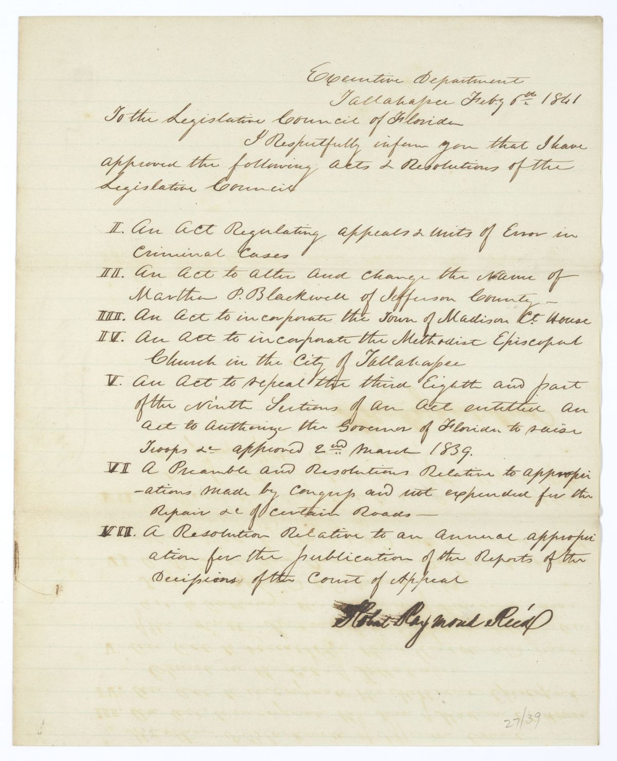 Letter from Governor Robert Reid to the Territorial Legislative Council Concerning Approved Legislation, 1841