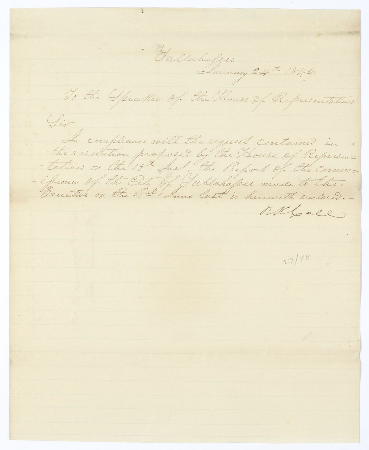 Letter from Governor Richard Keith Call to the Speaker of the House of Representatives Regarding a Report, 1842