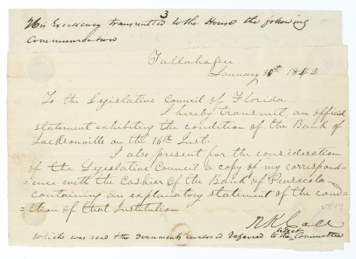 Letter from Governor Richard Keith Call to the Territorial Legislative Council Regarding Statements of the Condition of Two Banks, 1842