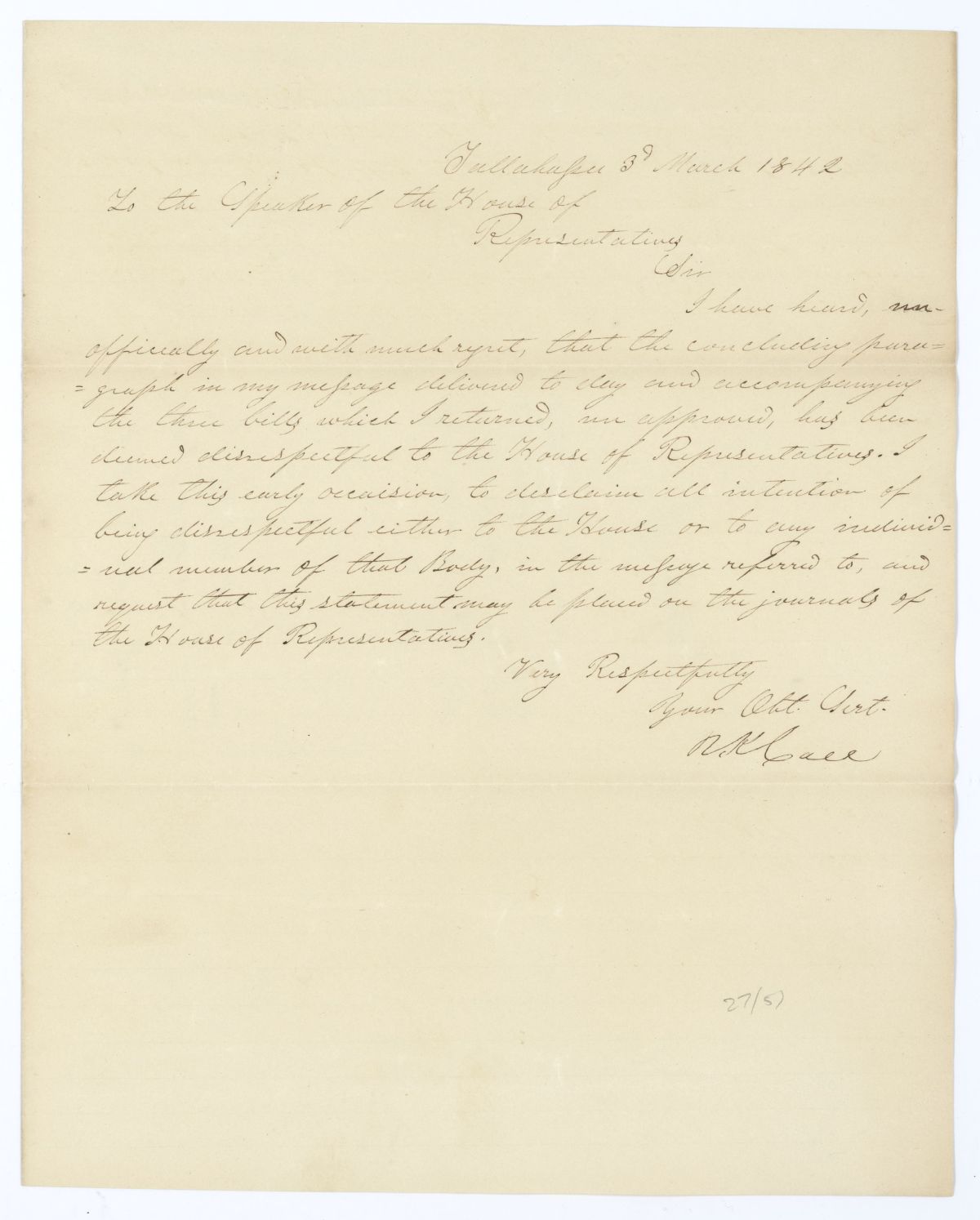 Letter from Governor Richard Keith Call to the Speaker of the House of Representatives Regarding an Allegedly Disrespectful Message, 1842