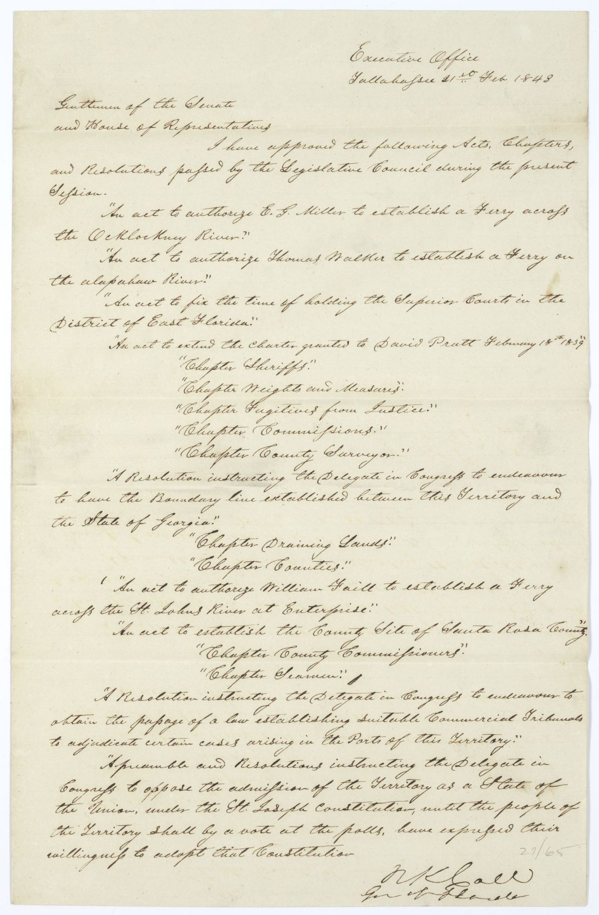 Letter from Governor Richard Keith Call to the Territorial Legislative Council Concerning Approved Legislation, February 21, 1843