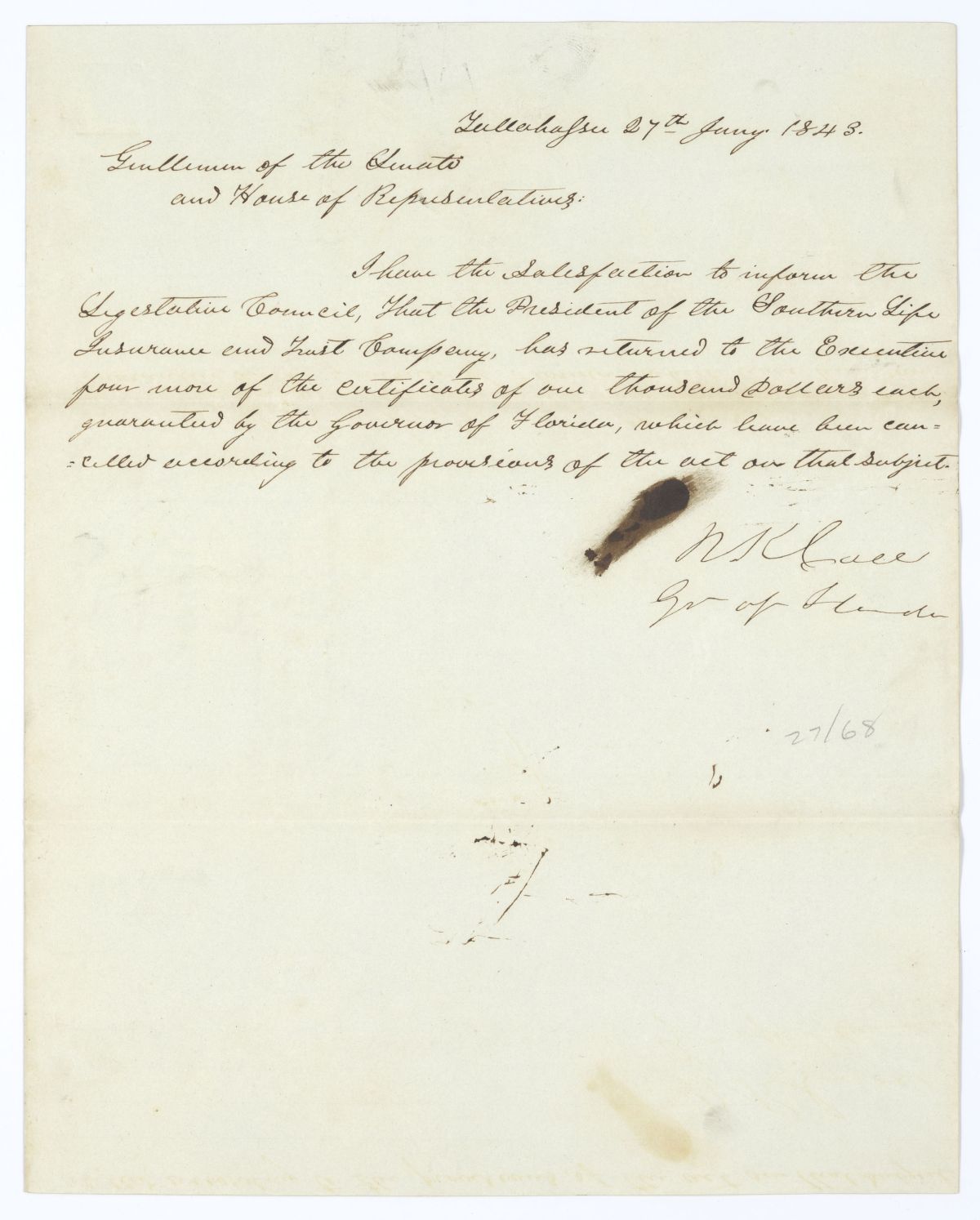 Letter from Governor Richard Keith Call to the Territorial Legislative Council Regarding Certificates from the Southern Life Insurance and Trust Company, January 27, 1843