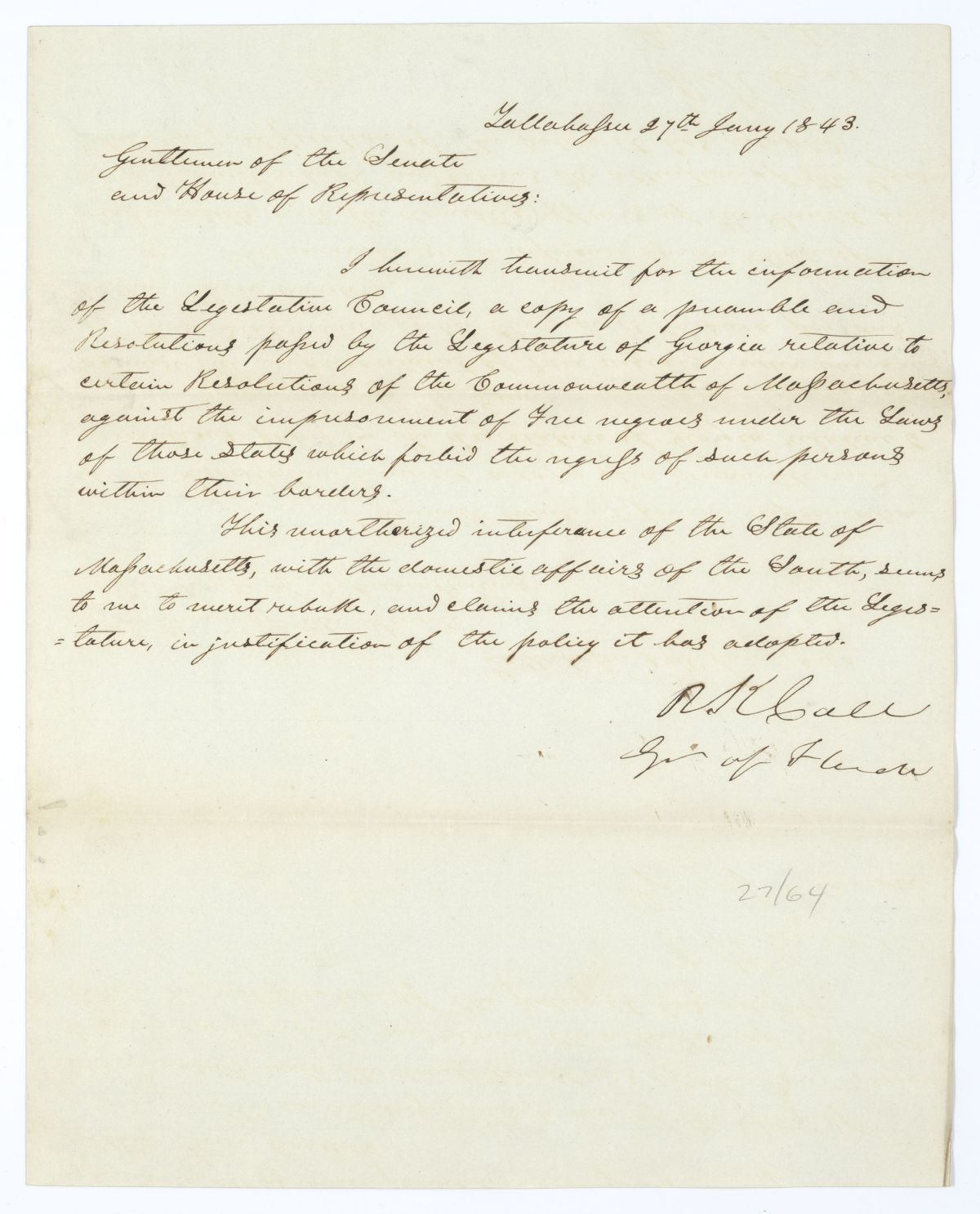 Letter from Governor Richard Keith Call to the Territorial Legislative Council Regarding Recent Resolutions from the Commonwealth of Massachusetts, January 27, 1843