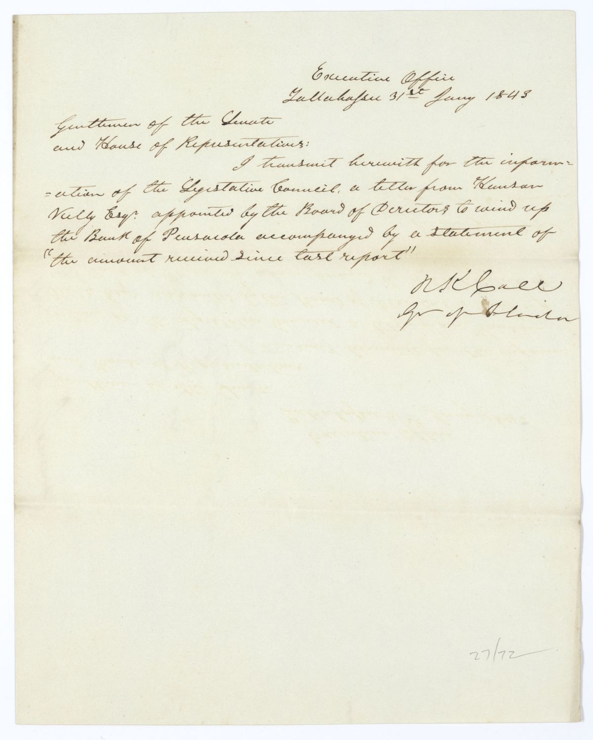 Letter from Governor Richard Keith Call to the Territorial Legislative Council Transmitting a Letter Regarding the Bank of Pensacola, January 31, 1843