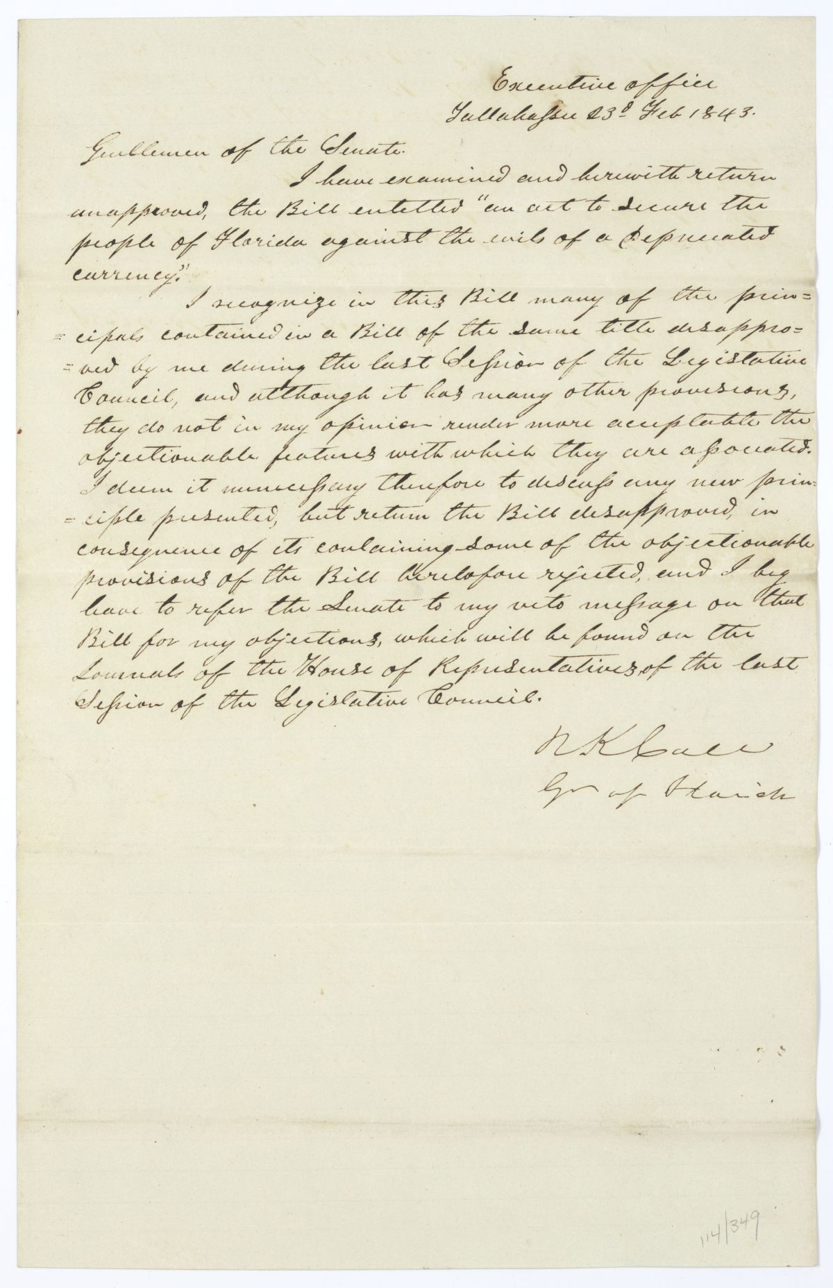 Letter from Governor Richard Keith Call to the Territorial Legislative Council Rejecting a Bill Relating to Currency, February 23, 1843