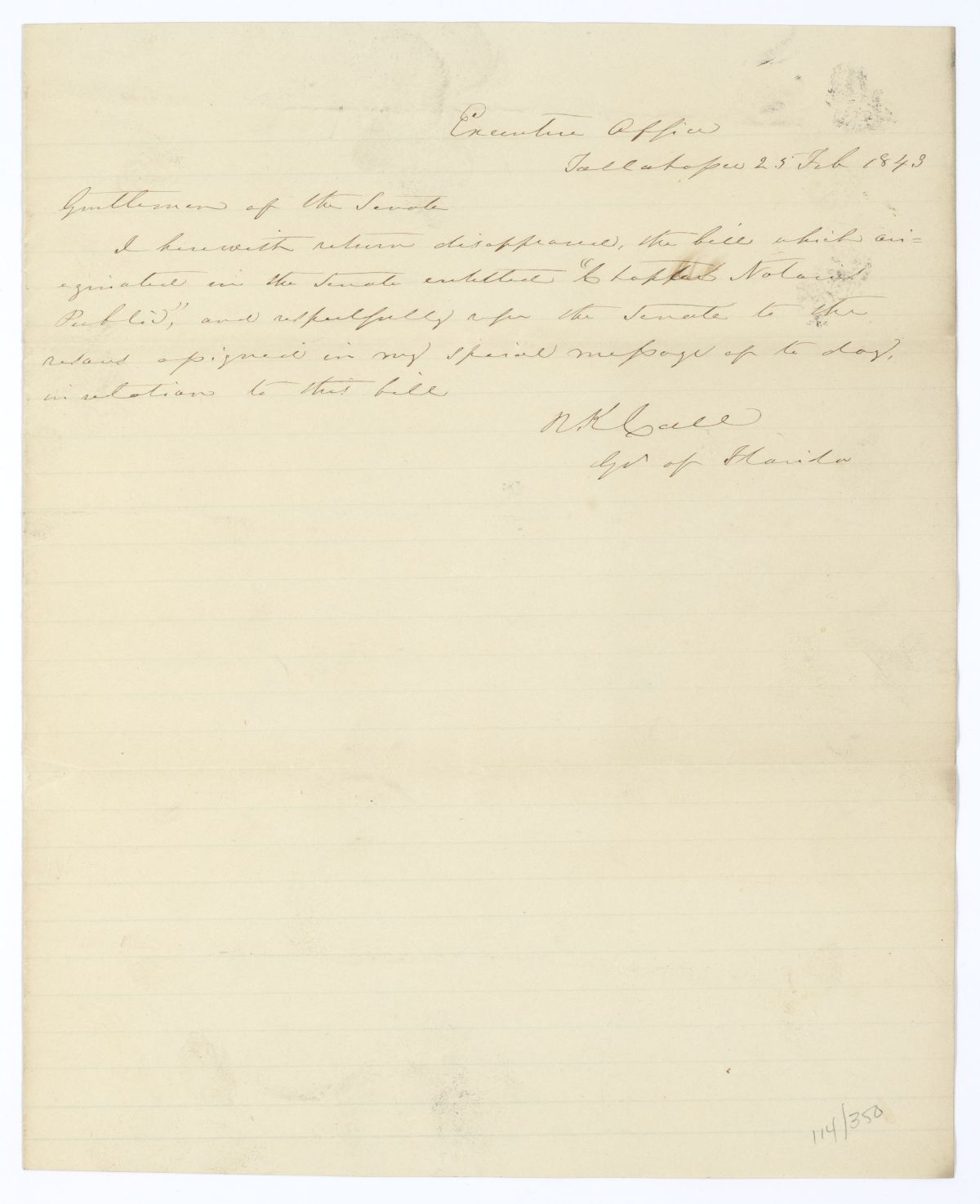 Letter from Governor Richard Keith Call to the Territorial Senate Rejecting Legislation Relating to Notaries Public, February 25, 1843