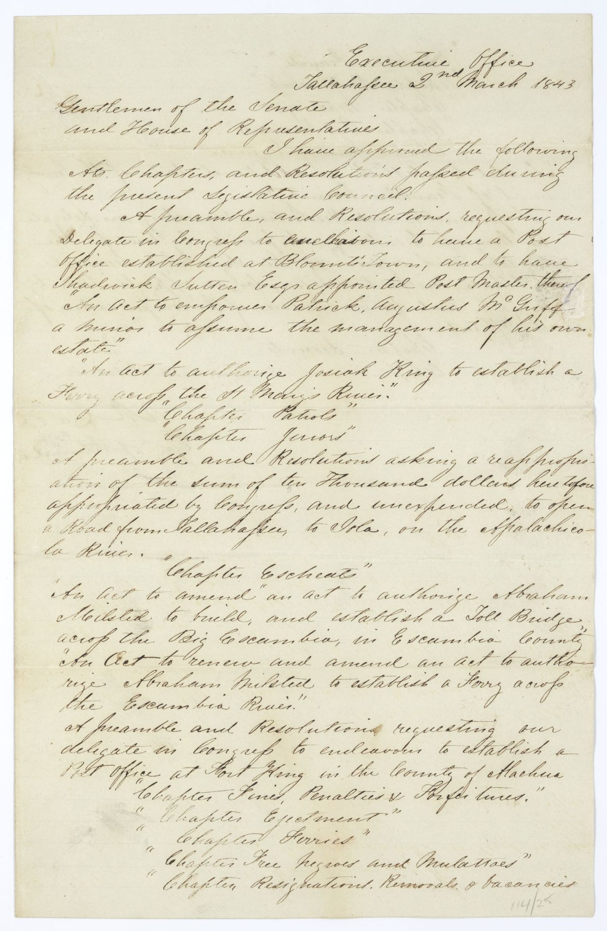 Letter from Governor Richard Keith Call to the Territorial Legislative Council Listing Recently Approved Legislation, March 2, 1843