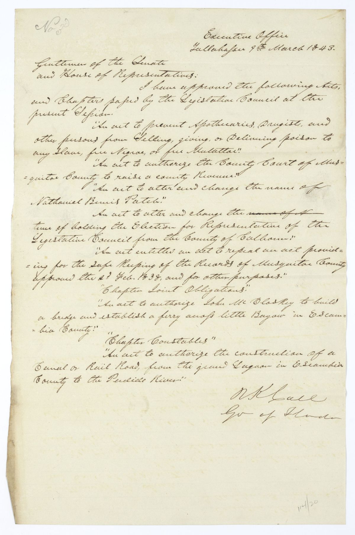 Letter from Governor Richard Keith Call to the Territorial Legislative Council Listing Recently Approved Legislation, March 9, 1843