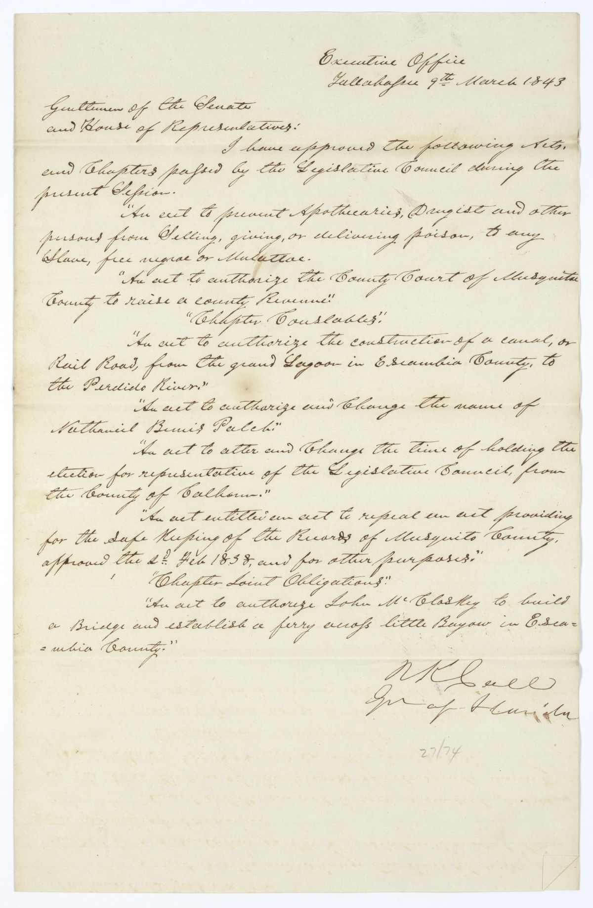 Letter from Governor Richard Keith Call to the Territorial Legislative Council Listing Recently Approved Legislation, March 9, 1843