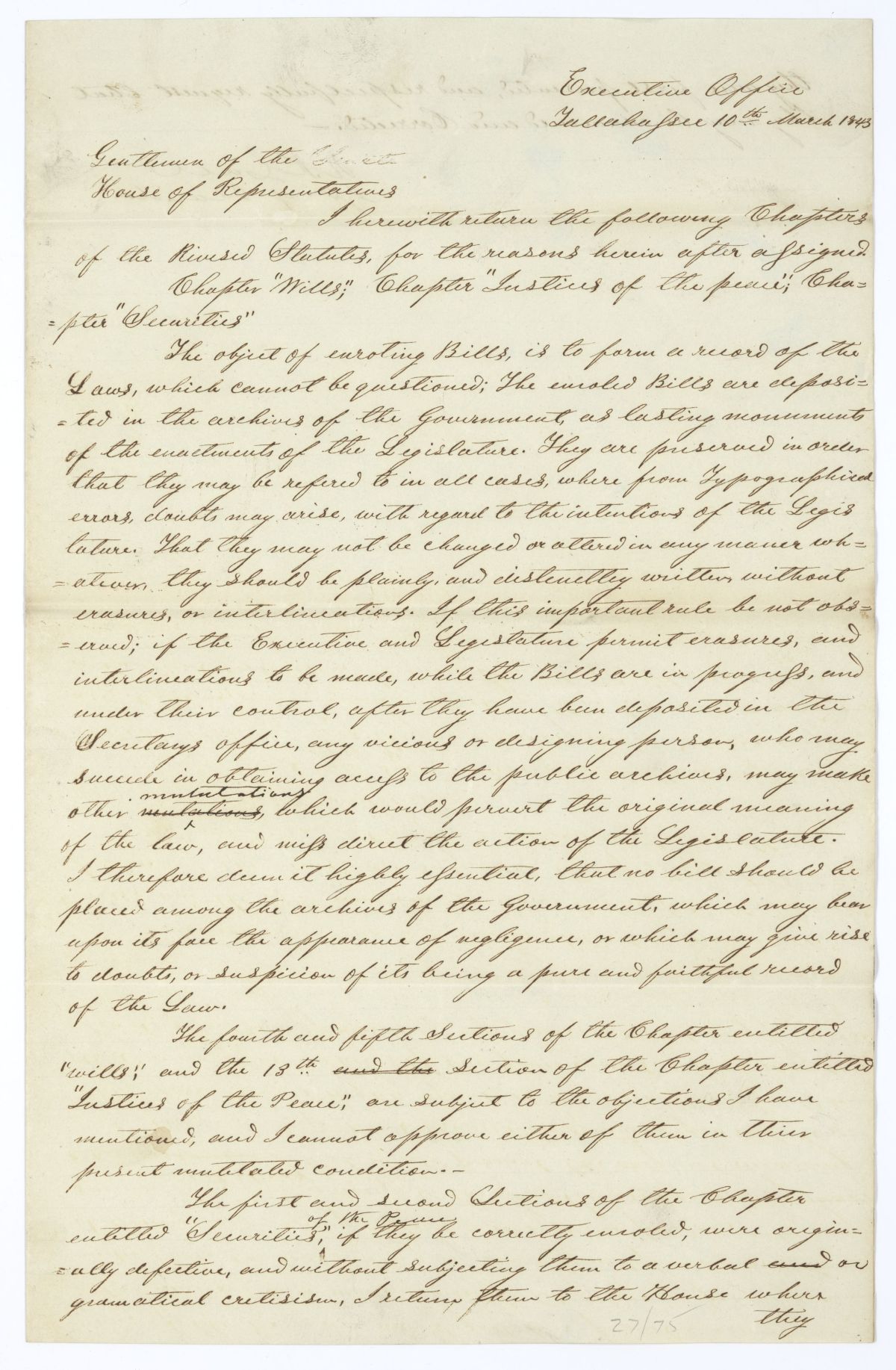 Letter from Governor Richard Keith Call to the Territorial Legislative Council Returning Three Legislative Items with Objections, March 10, 1843