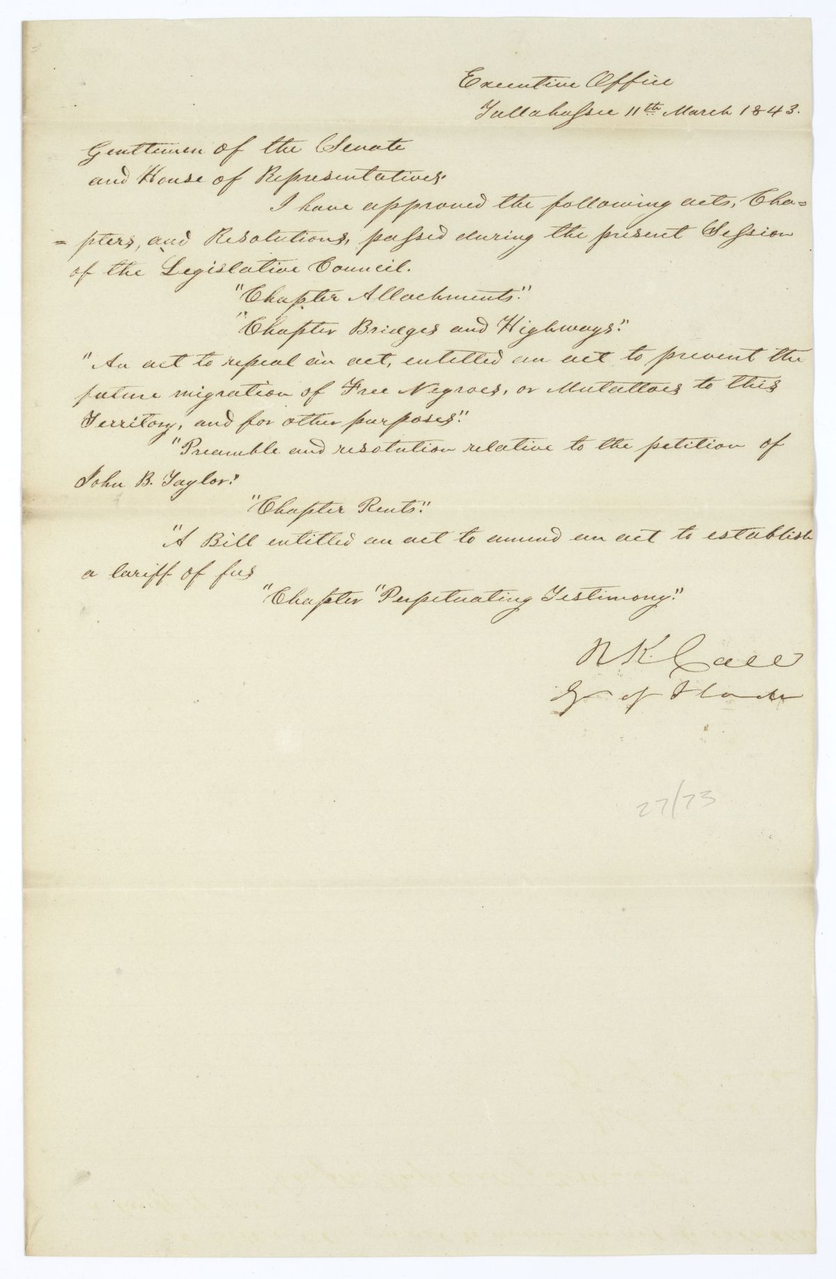 Letter from Governor Richard Keith Call to the Territorial Legislative Council Listing Recently Approved Legislation, March 11, 1843