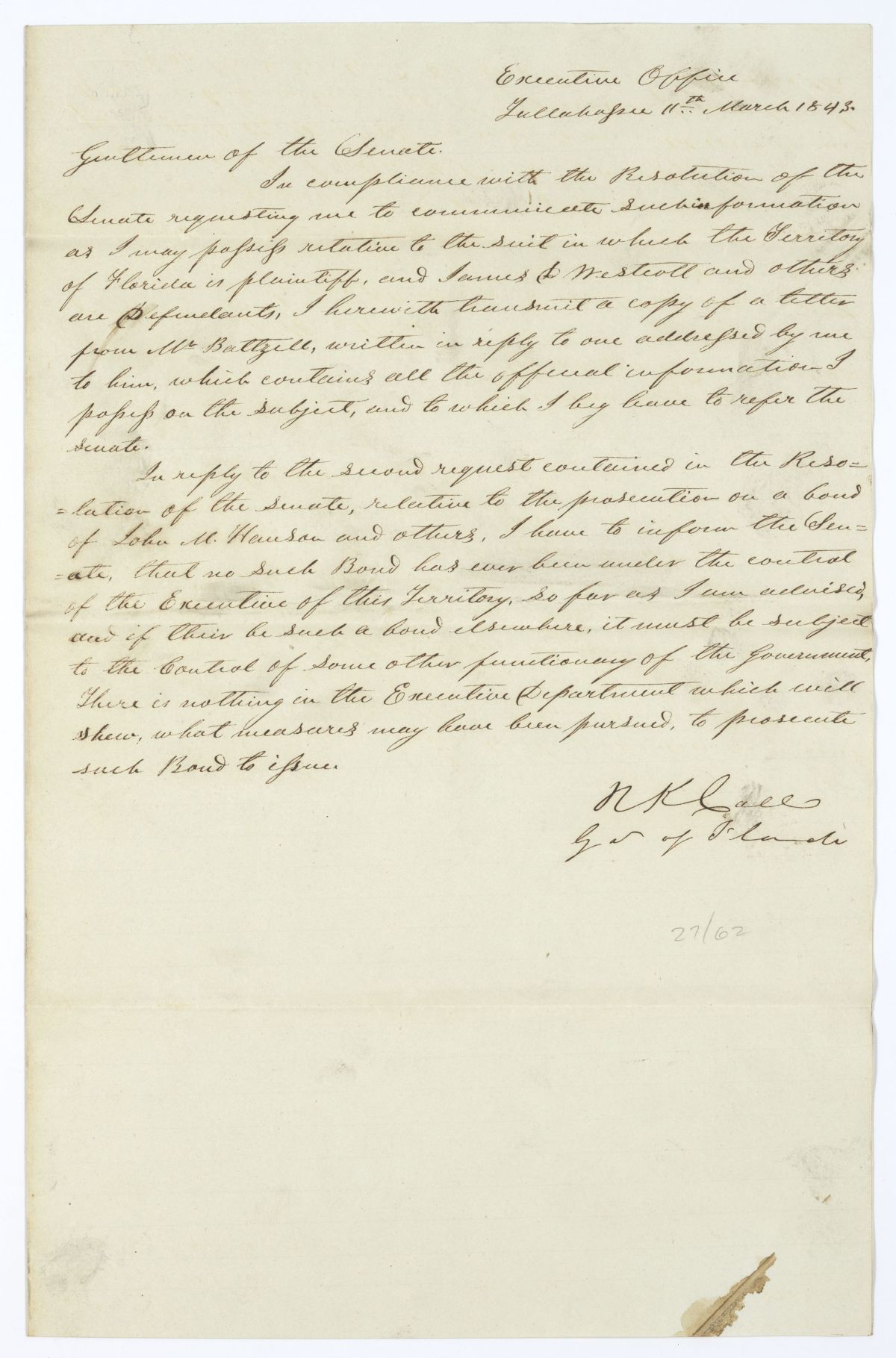 Letter from Governor Richard Keith Call to the Territorial Legislative Council Discussing a Suit Between the Territory and James D. Westcott and Others, March 11, 1843