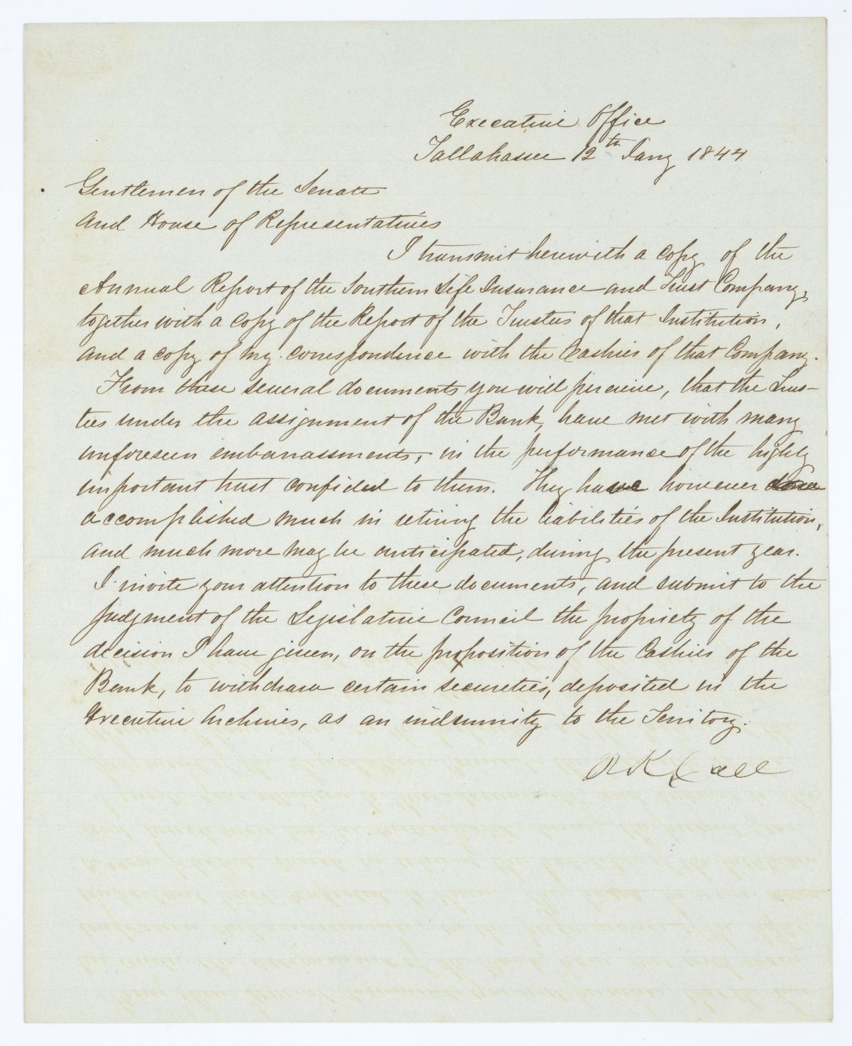 Letter from Governor Richard Keith Call to the Territorial Legislative Council Regarding the Southern Life Insurance and Trust Company, 1844