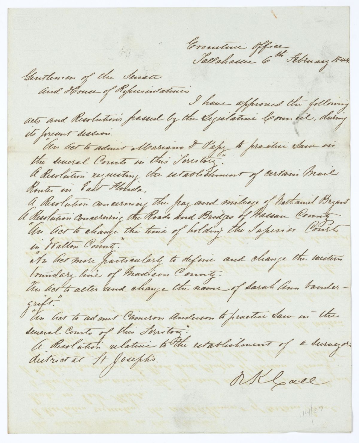 Letter from Governor Richard Keith Call to the Territorial Legislative Council Regarding Approved Legislation, 1844