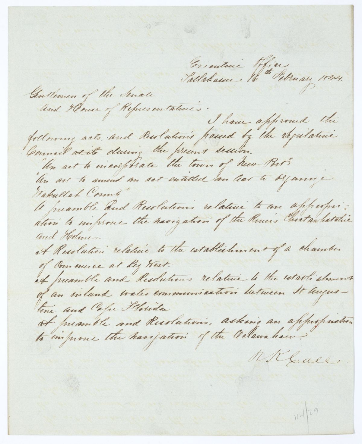 Letter from Governor Richard Keith Call to the Territorial Legislative Council Regarding Approved Legislation, 1844