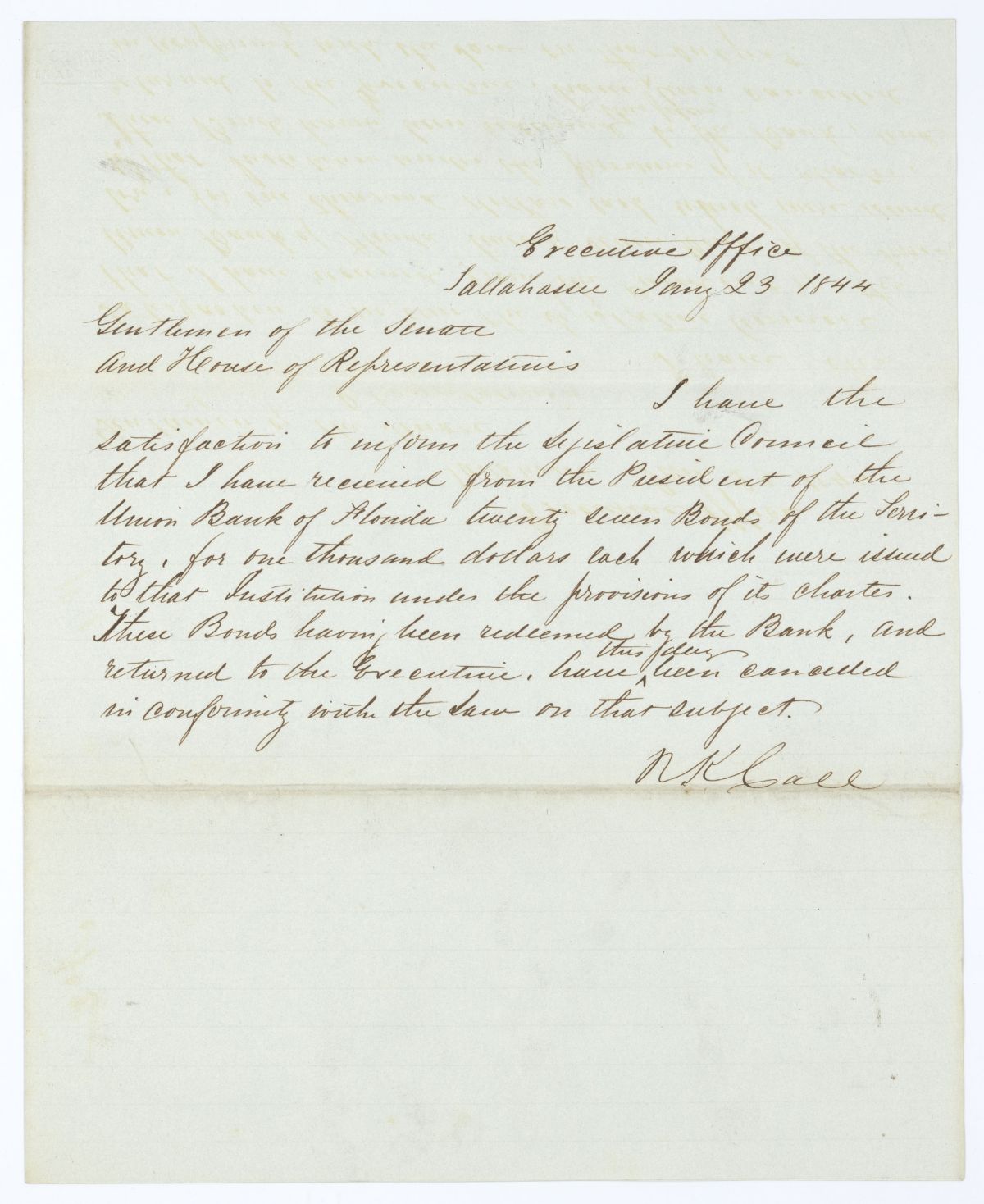 Letter from Governor Richard Keith Call to the Territorial Legislative Council Regarding Bonds from the Union Bank of Florida, 1844