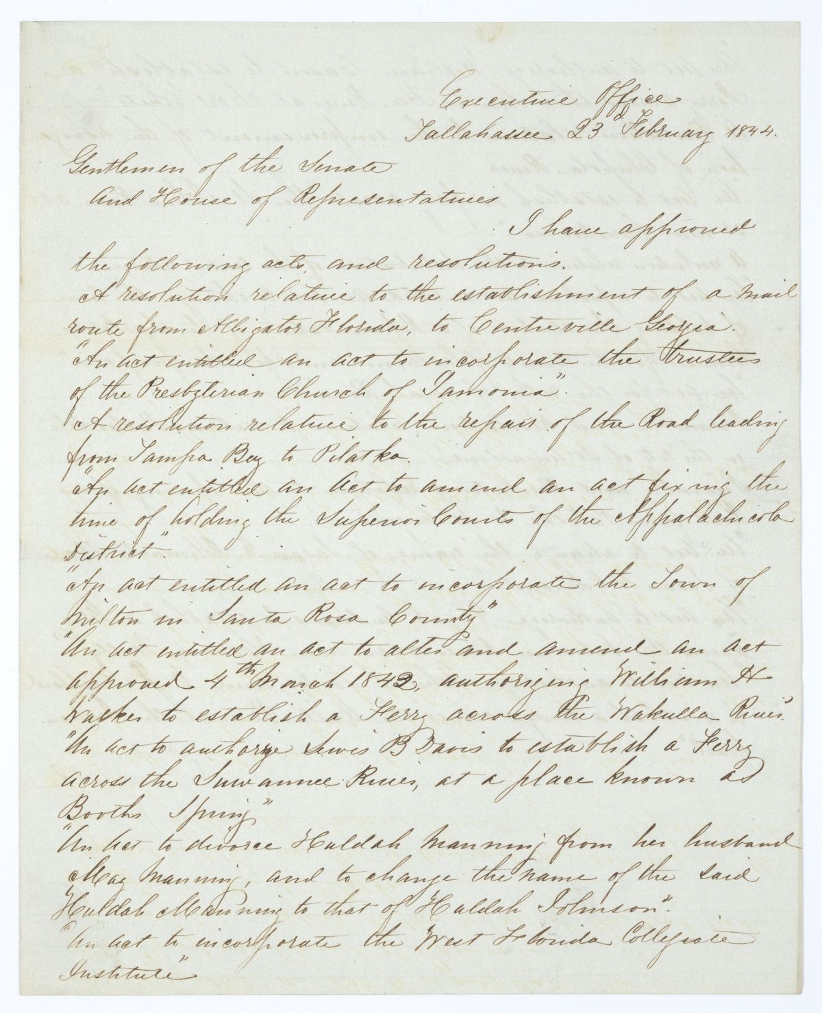 Letter from Governor Richard Keith Call to the Territorial Legislative Council Regarding Approved Legislation, 1844