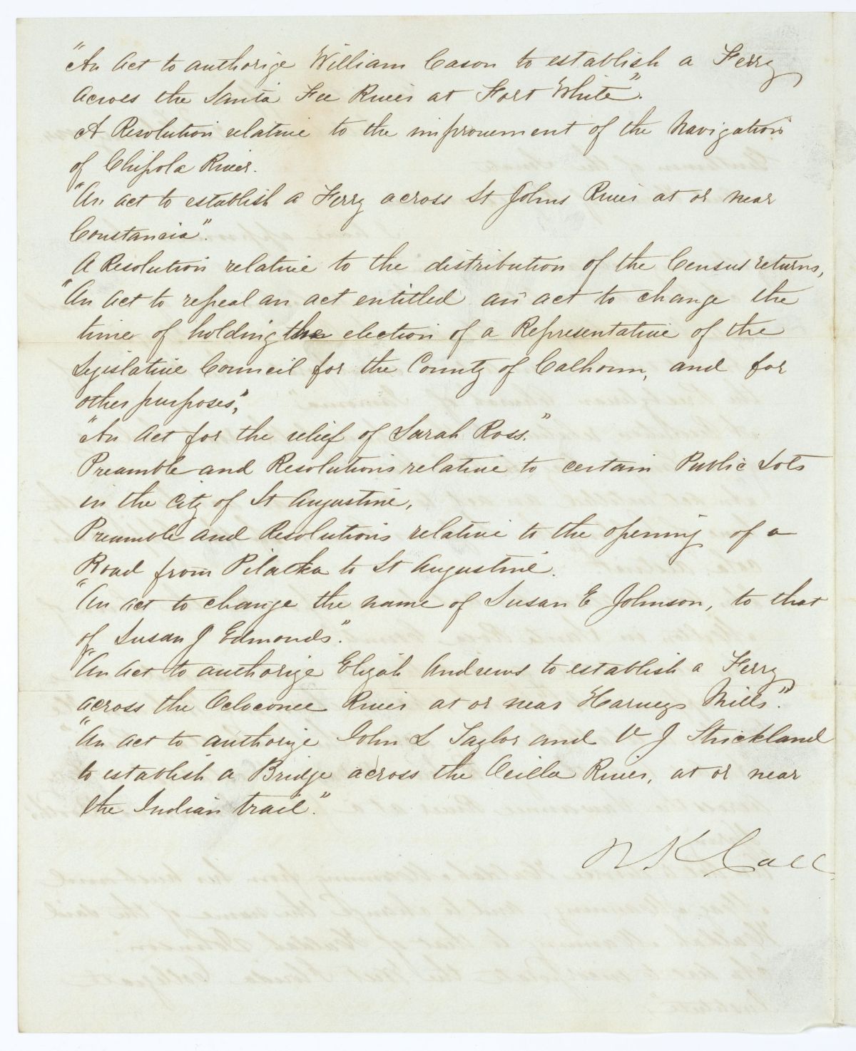 Letter from Governor Richard Keith Call to the Territorial Legislative Council Regarding Approved Legislation, 1844